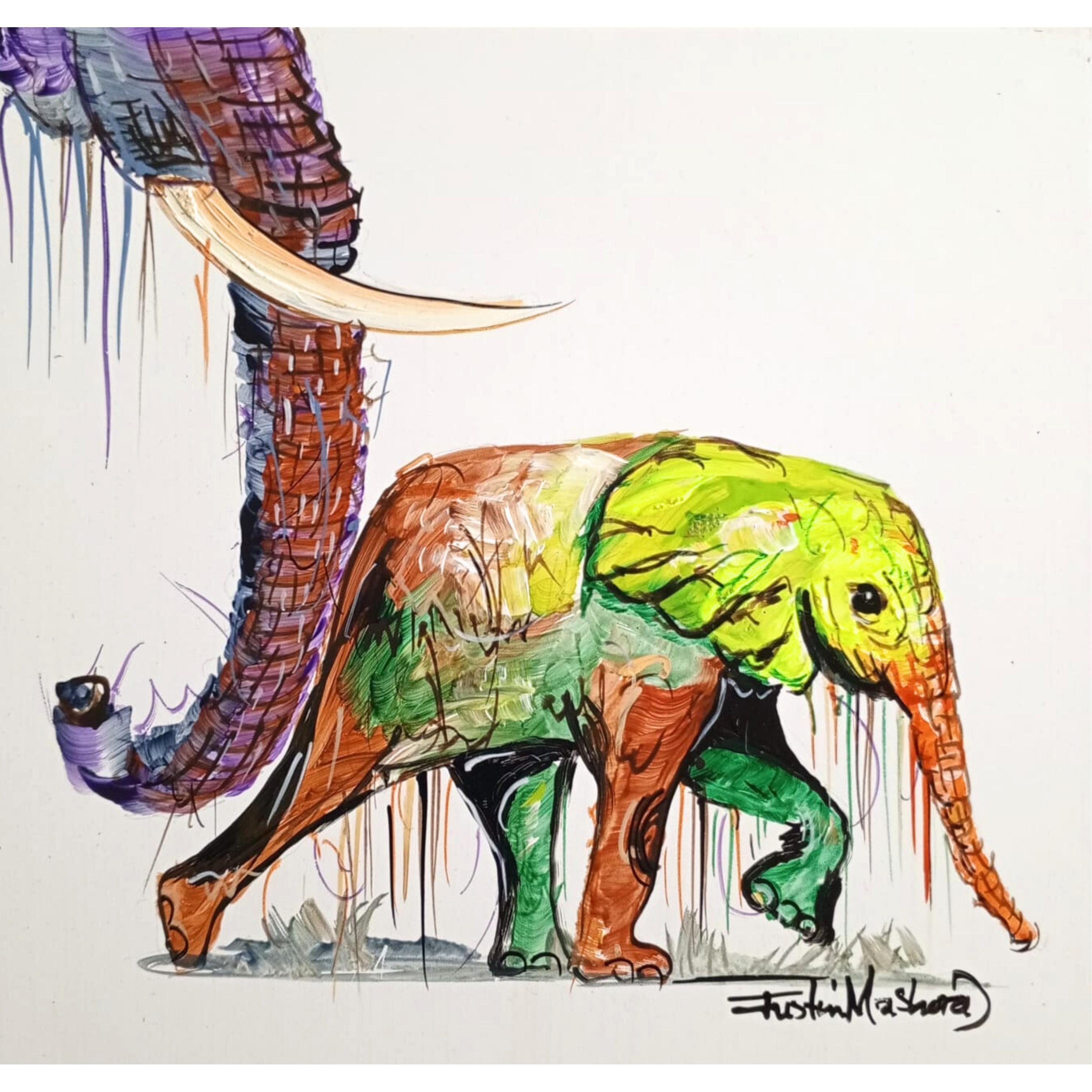 Justin Mashora Masonite Painting - Elephant (25cm x 25cm)
