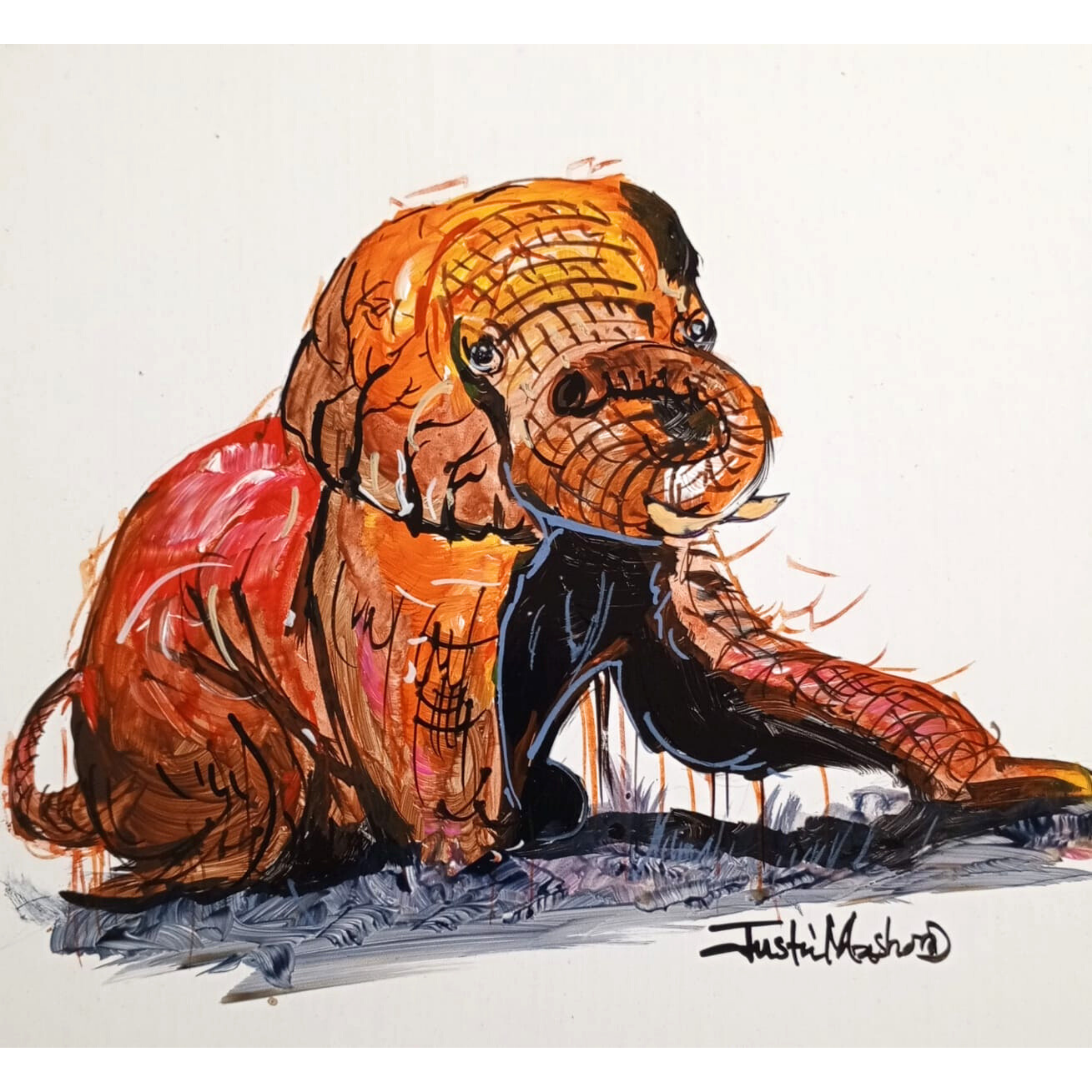 Justin Mashora Masonite Painting - Elephant (25cm x 25cm)
