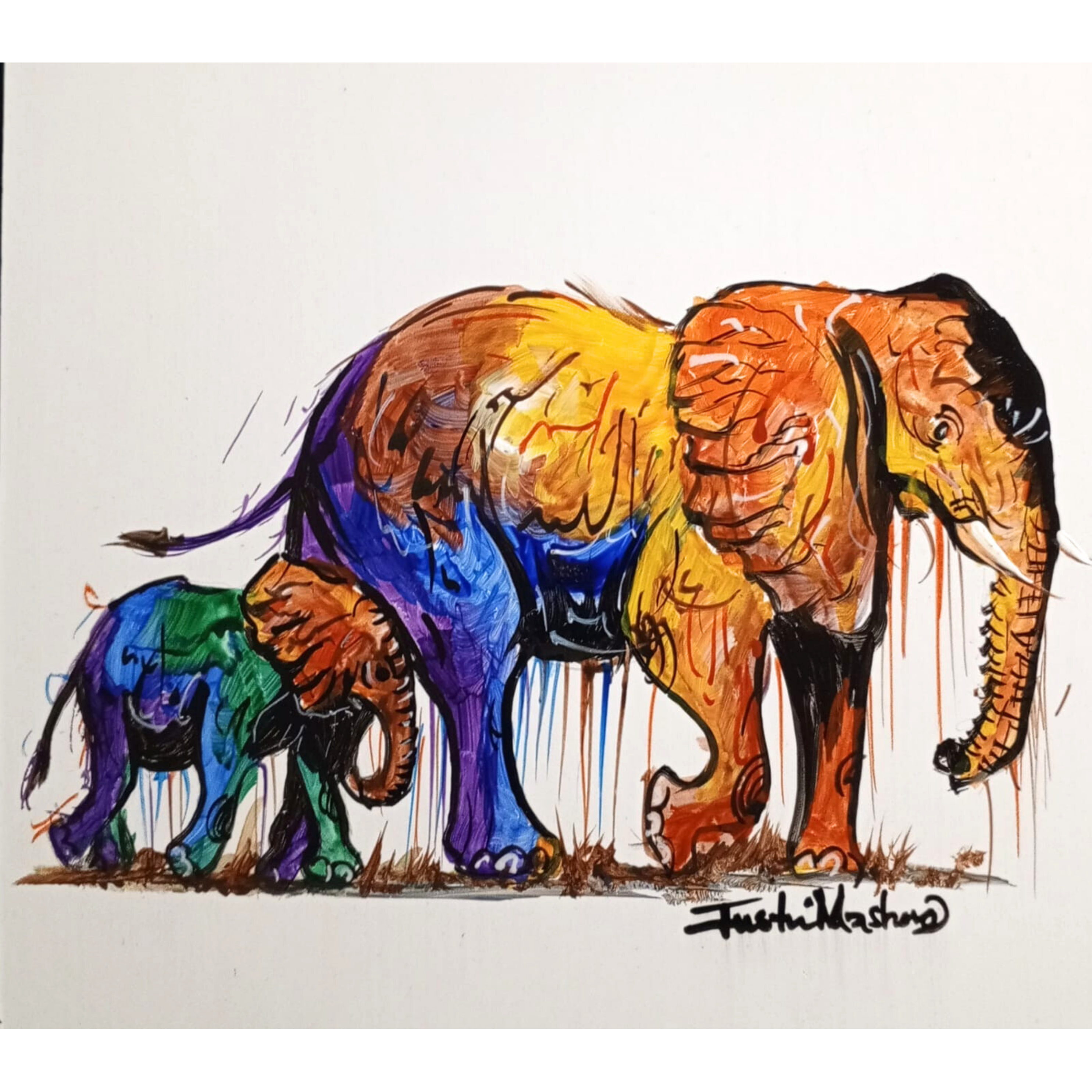 Justin Mashora Masonite Painting - Elephant (25cm x 25cm)