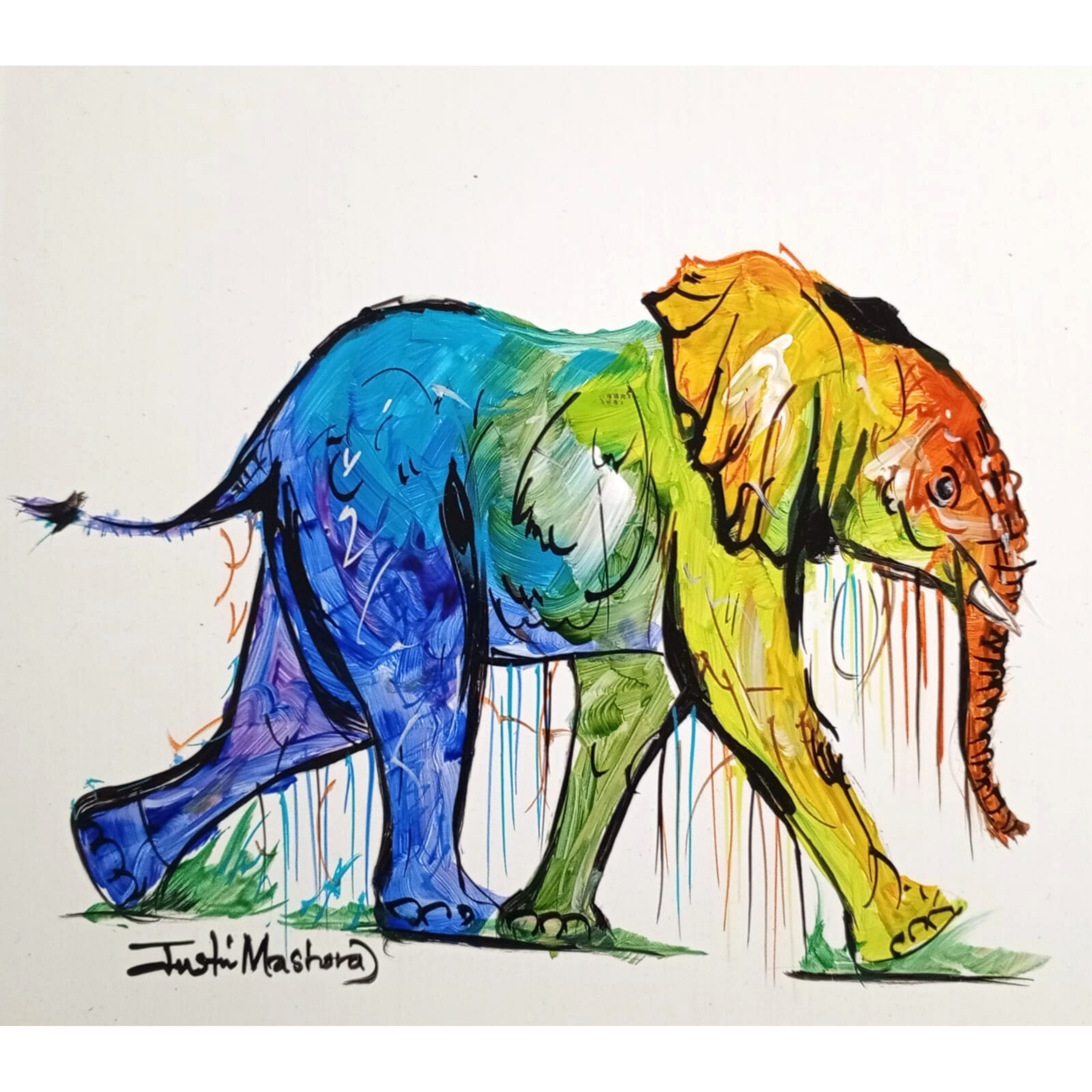 Justin Mashora Masonite Painting - Elephant (25cm x 25cm)