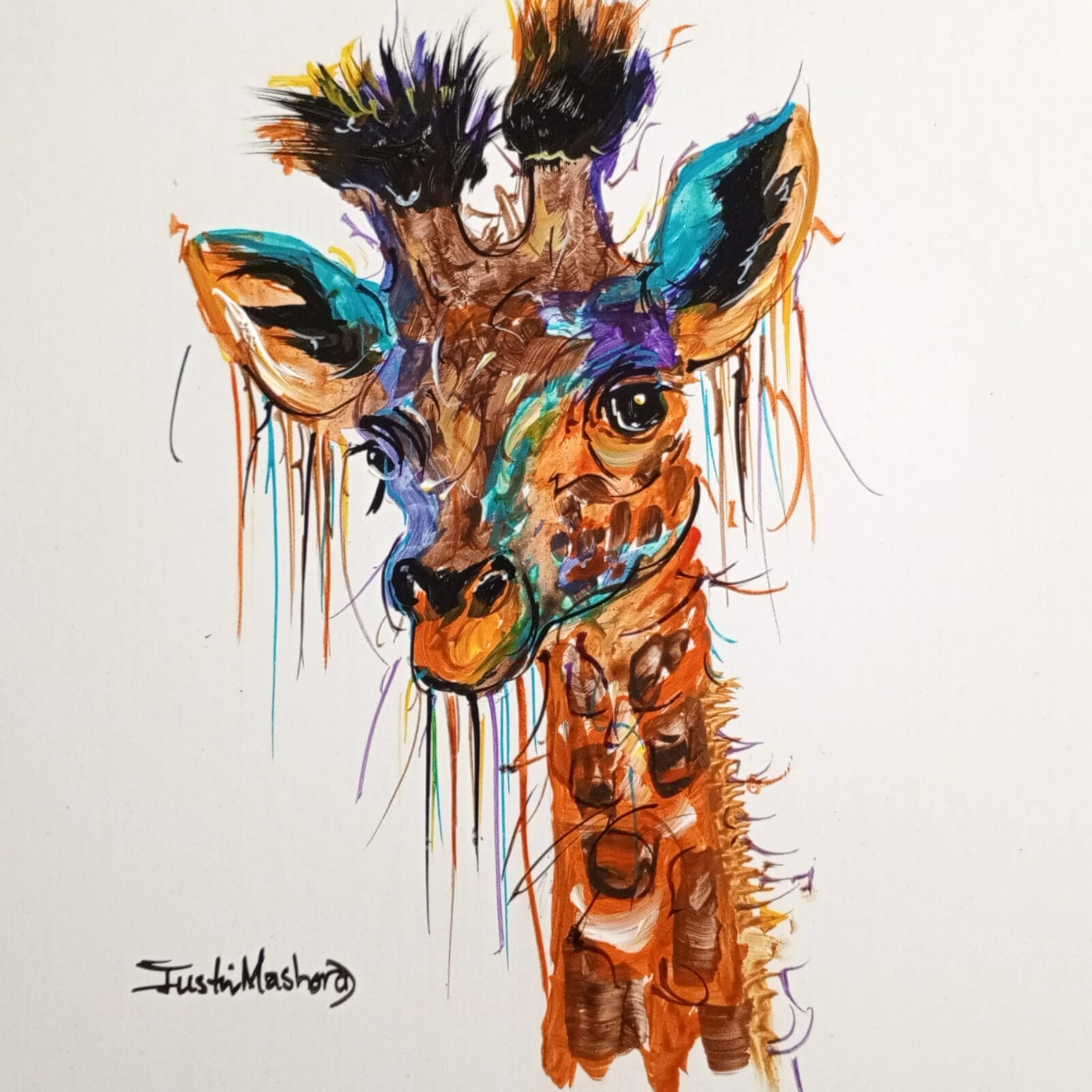 Justin Mashora Masonite Painting - Giraffe (25cm x 25cm)