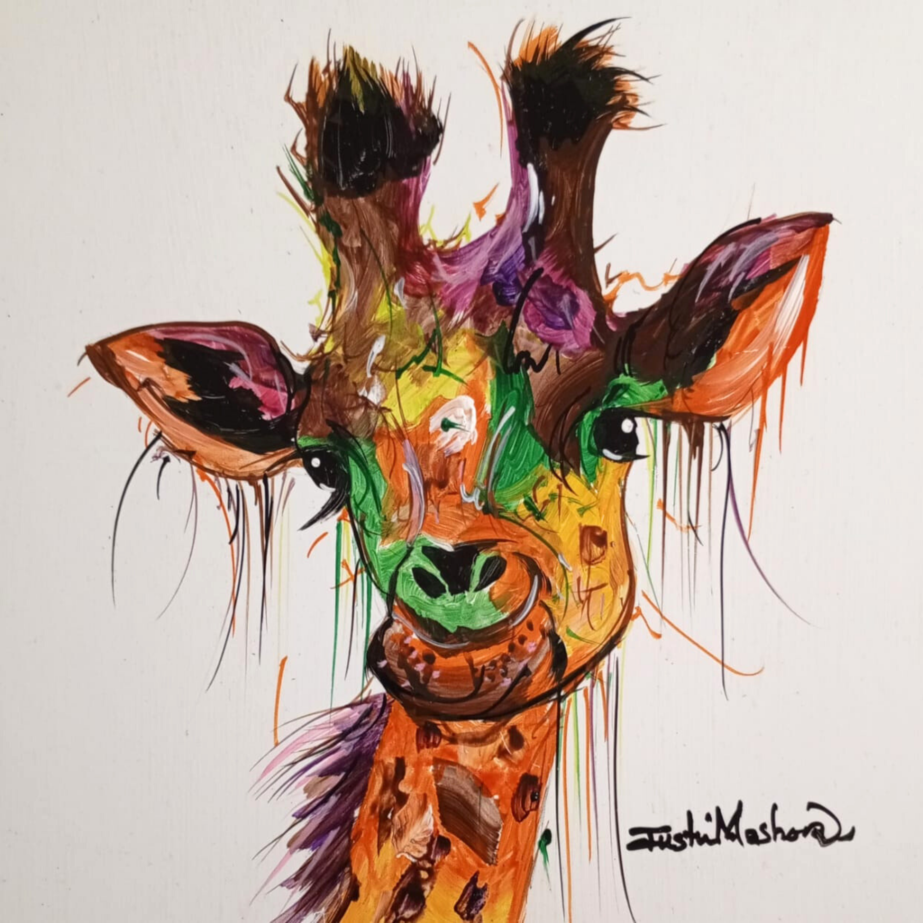 Justin Mashora Masonite Painting - Giraffe (25cm x 25cm)