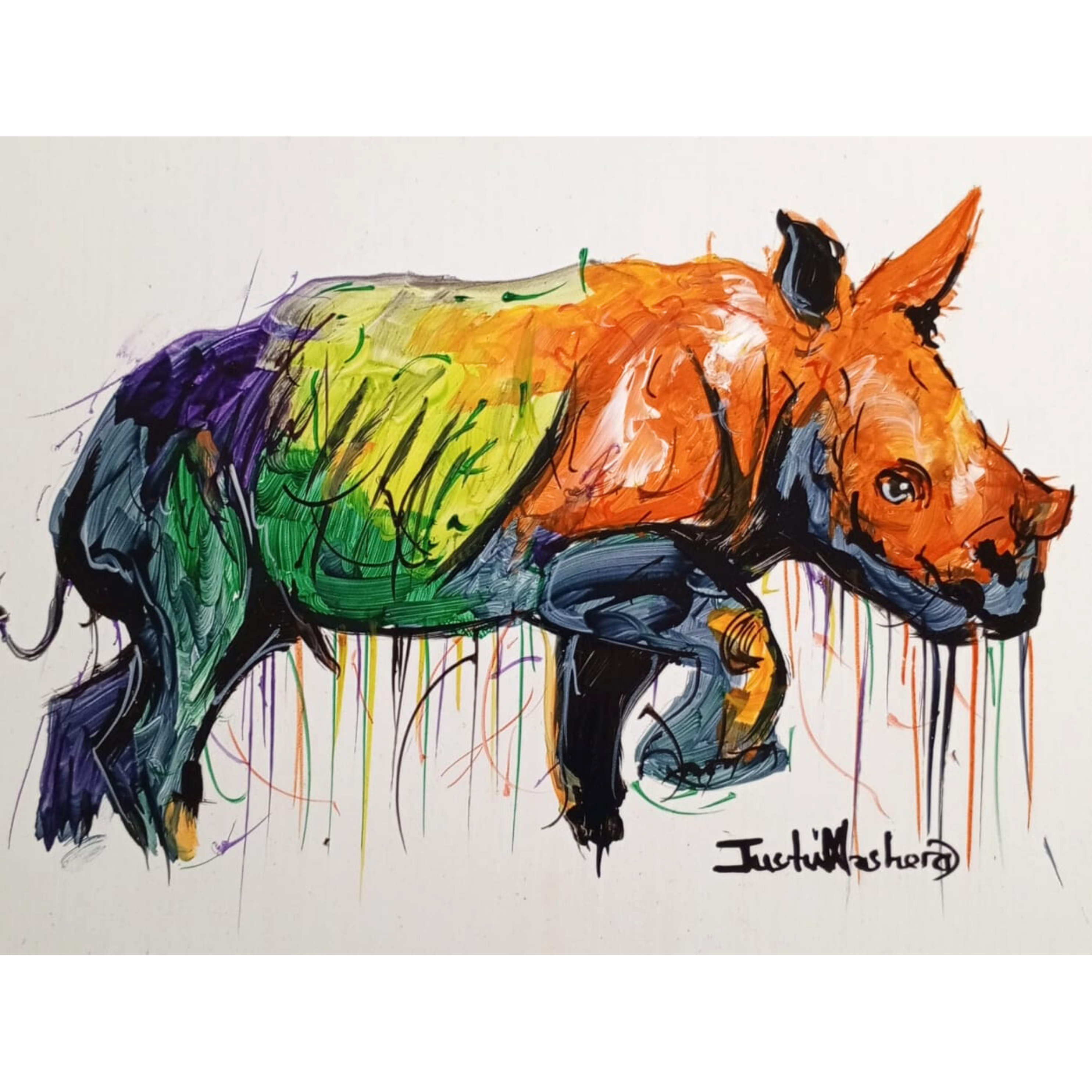 Justin Mashora Masonite Painting - Rhino (25cm x 25cm)