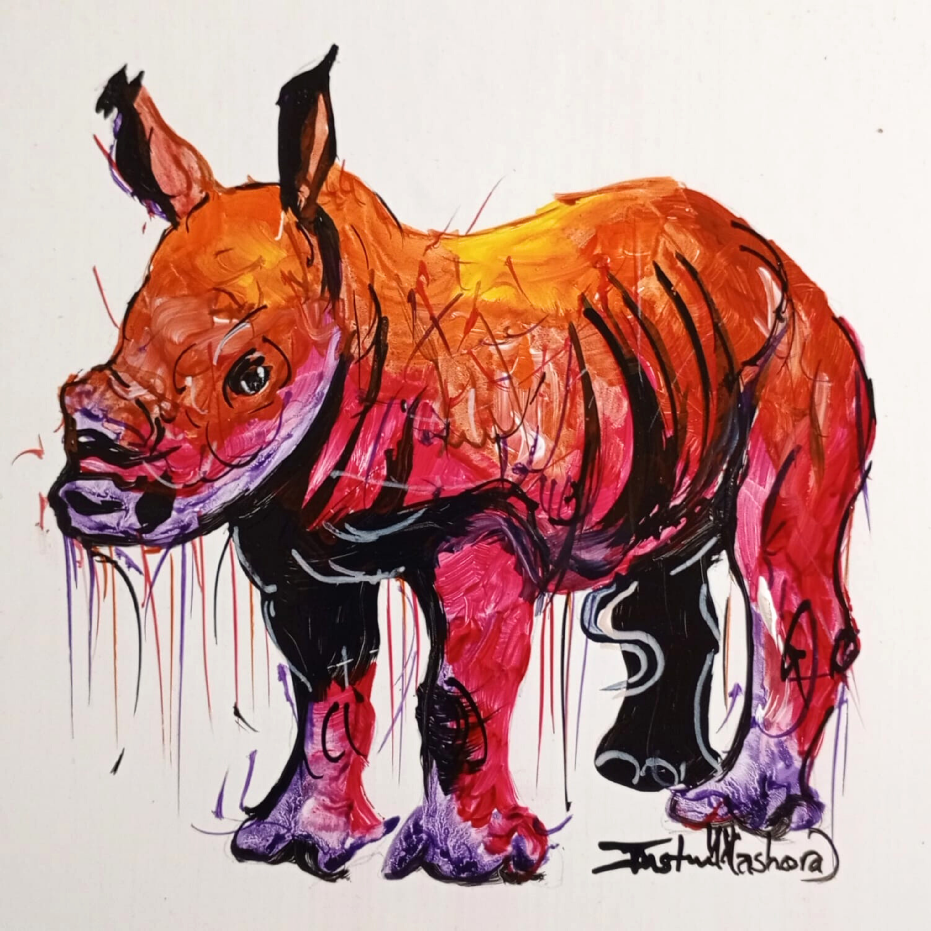 Justin Mashora Masonite Painting - Rhino (25cm x 25cm)