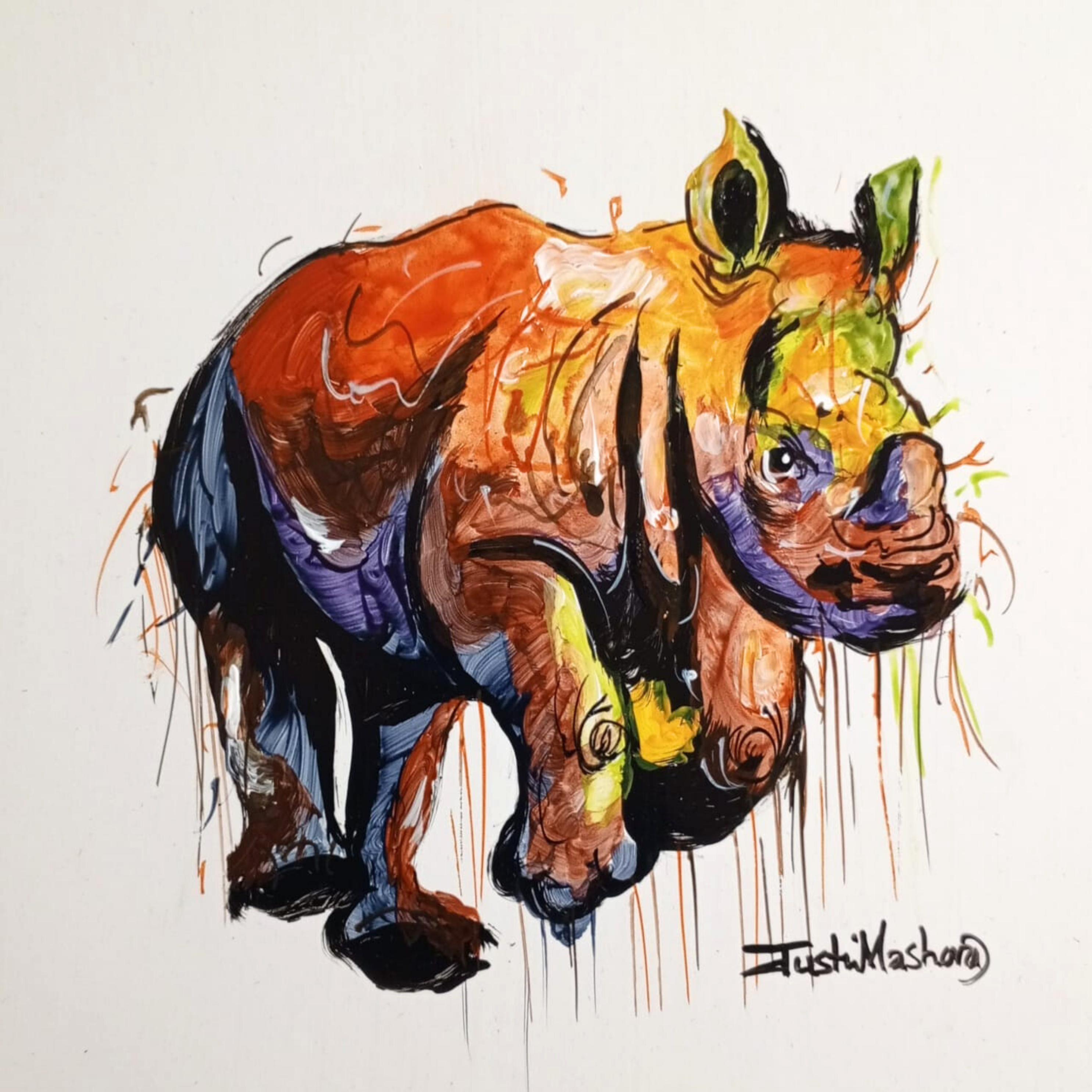 Justin Mashora Masonite Painting - Rhino (25cm x 25cm)