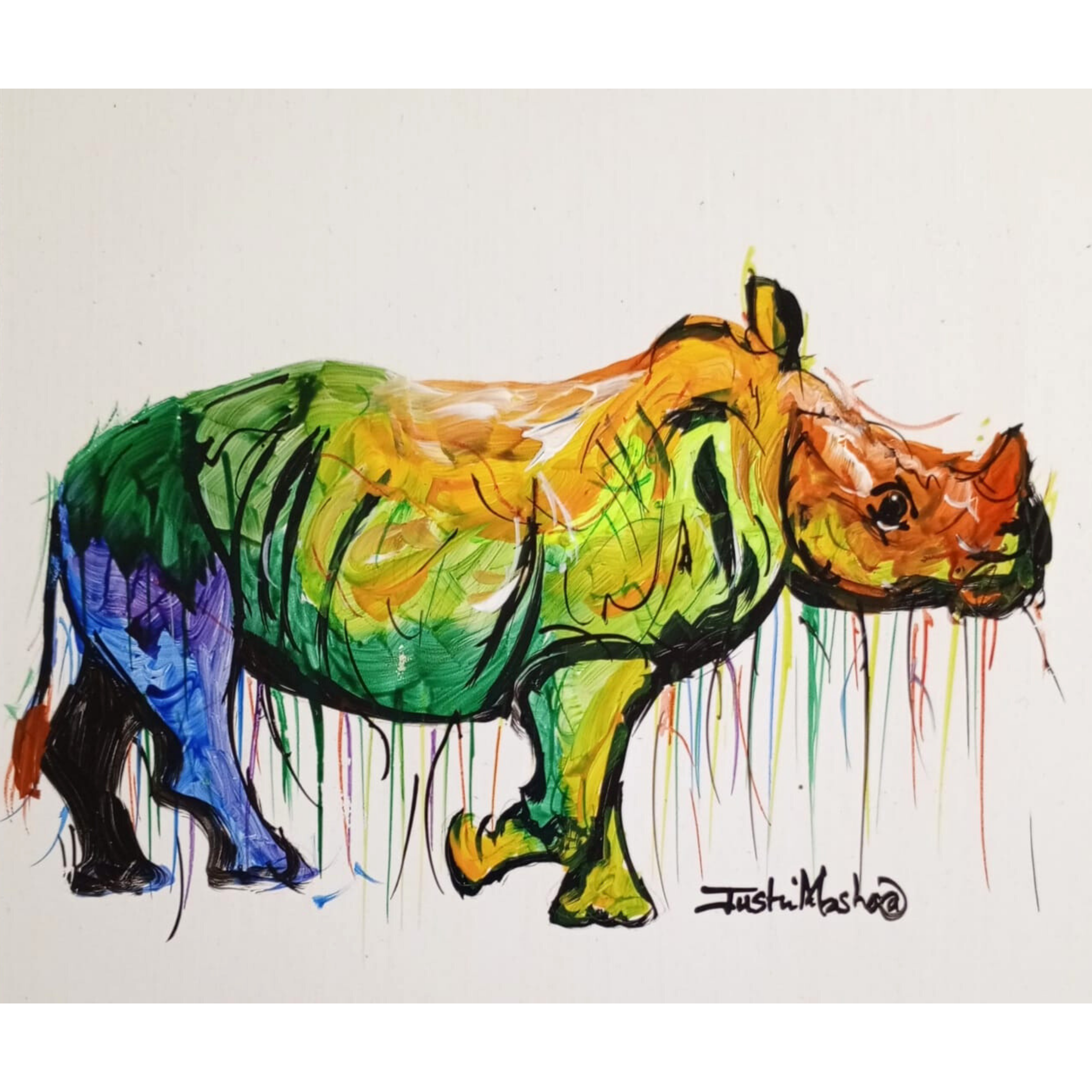 Justin Mashora Masonite Painting - Rhino (25cm x 25cm)