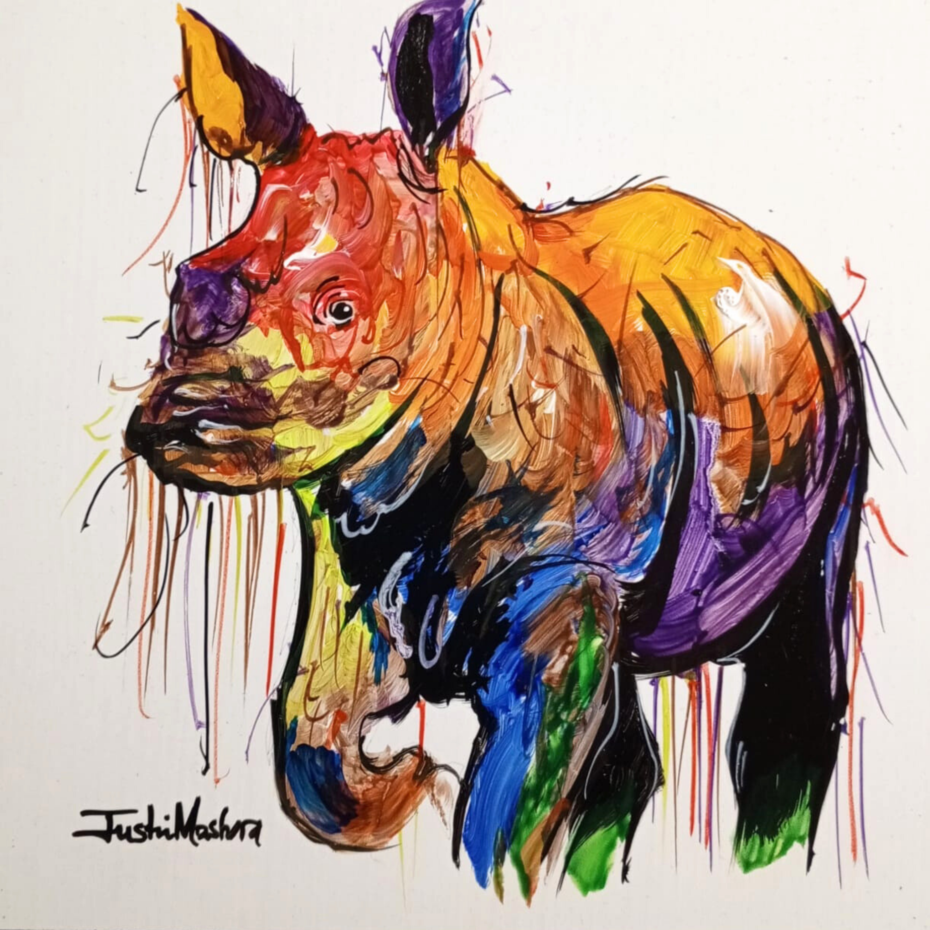 Justin Mashora Masonite Painting - Rhino (25cm x 25cm)