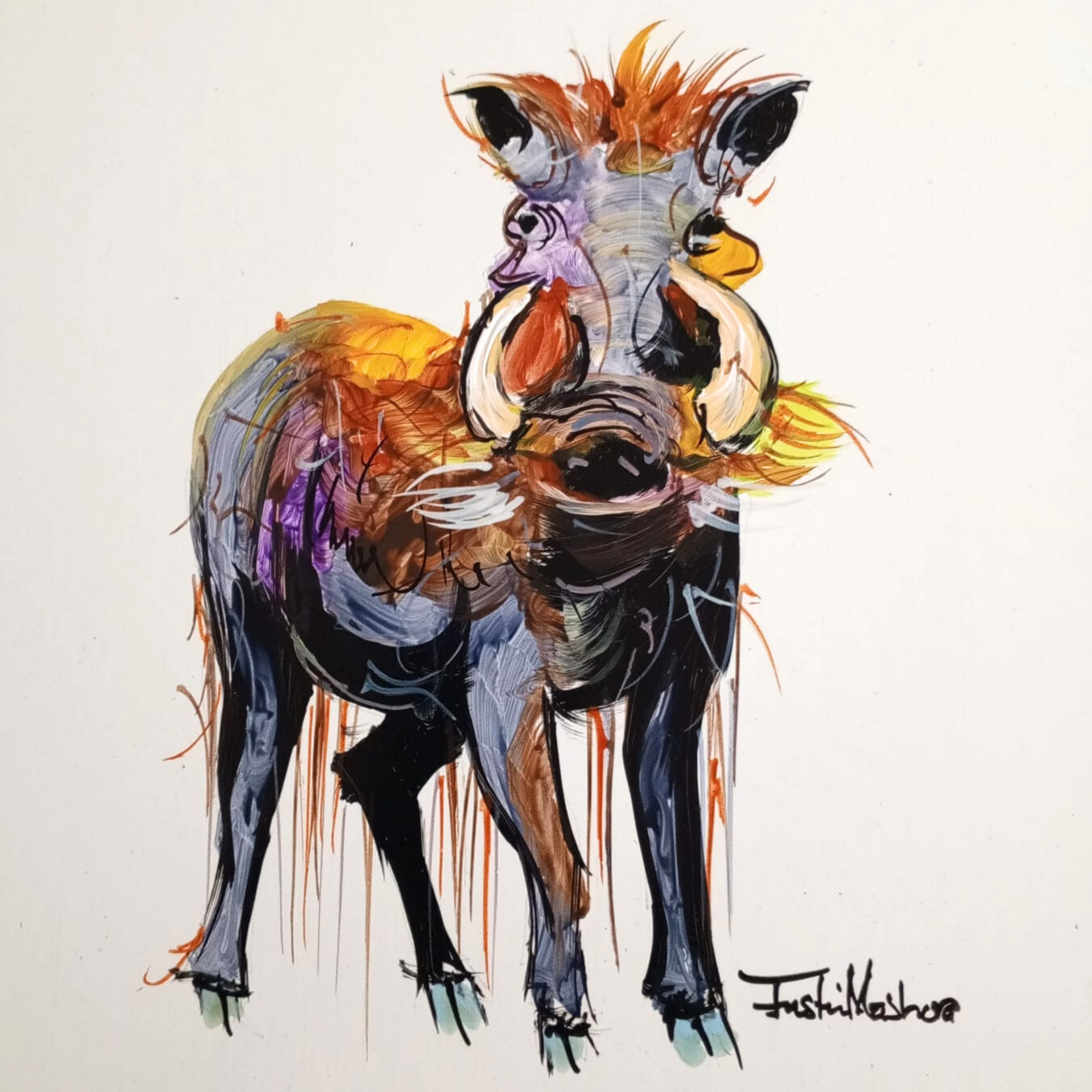Justin Mashora Masonite Painting - Warthog (25cm x 25cm)