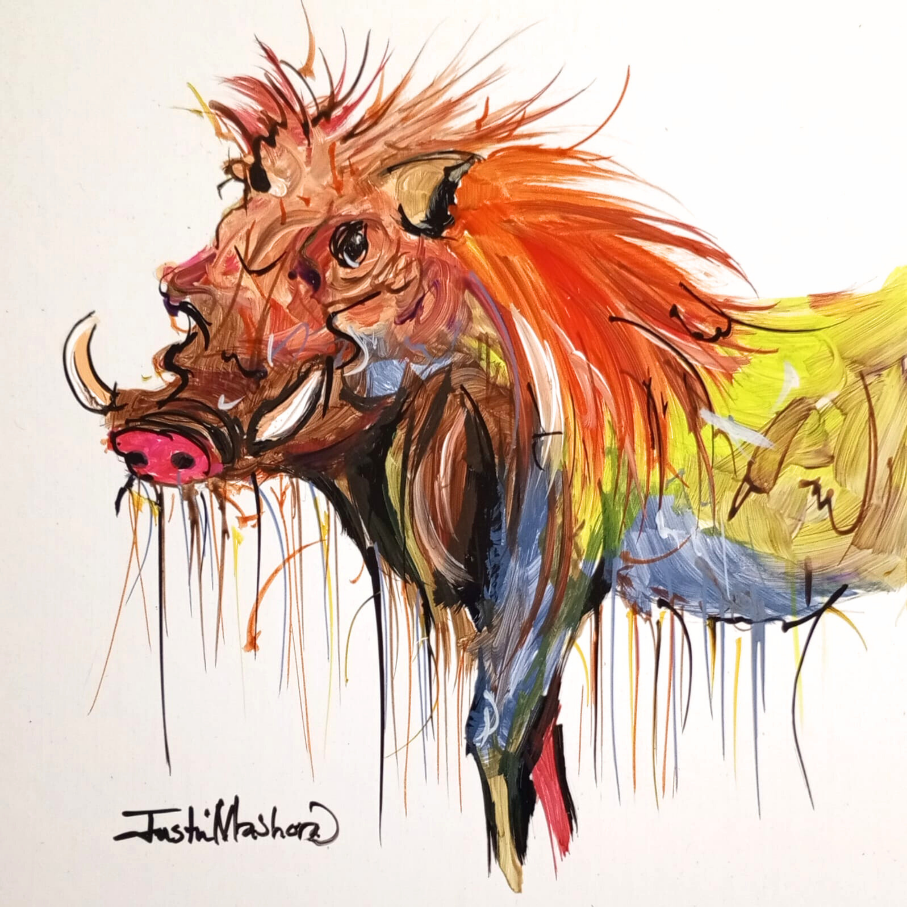 Justin Mashora Masonite Painting - Warthog (25cm x 25cm)