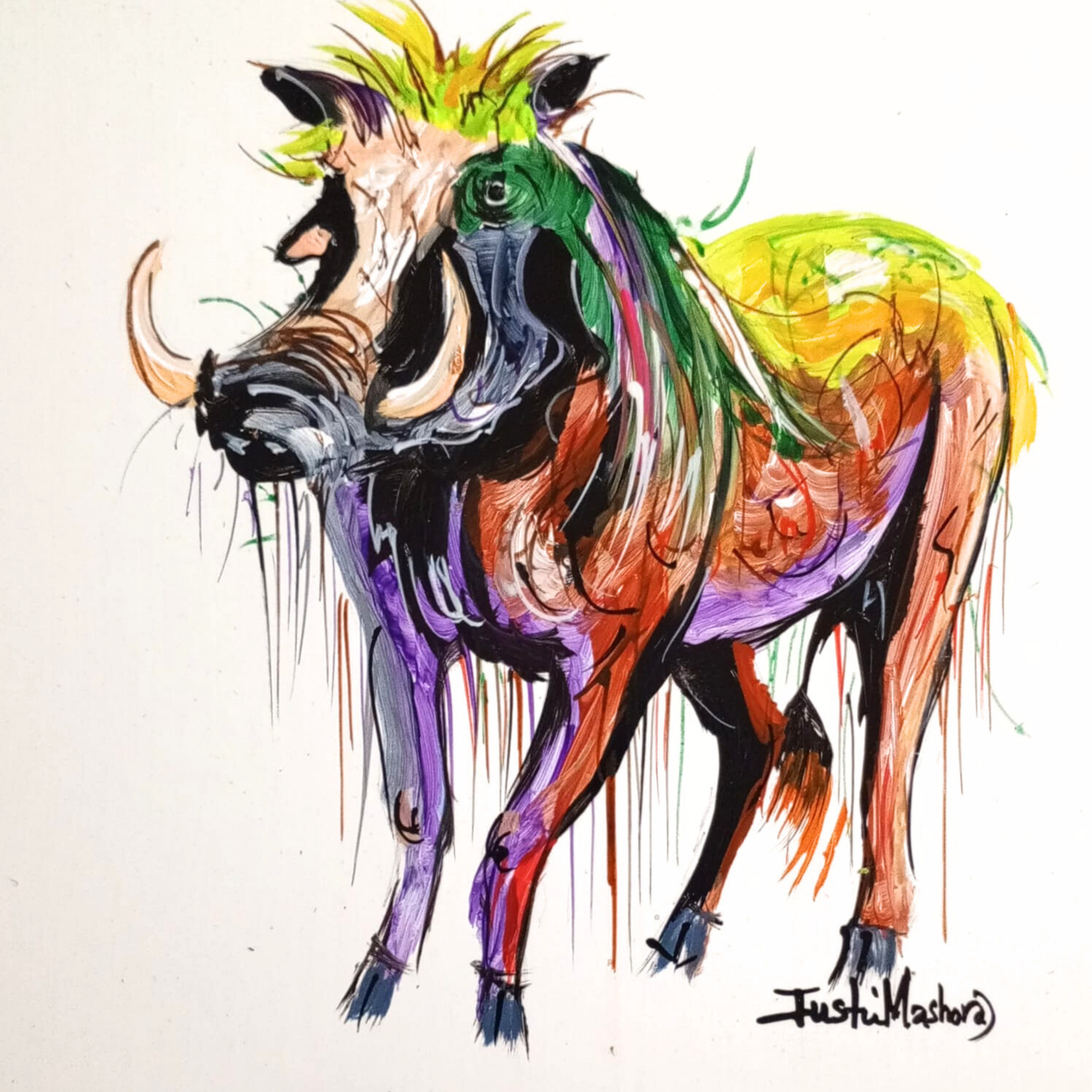 Justin Mashora Masonite Painting - Warthog (25cm x 25cm)