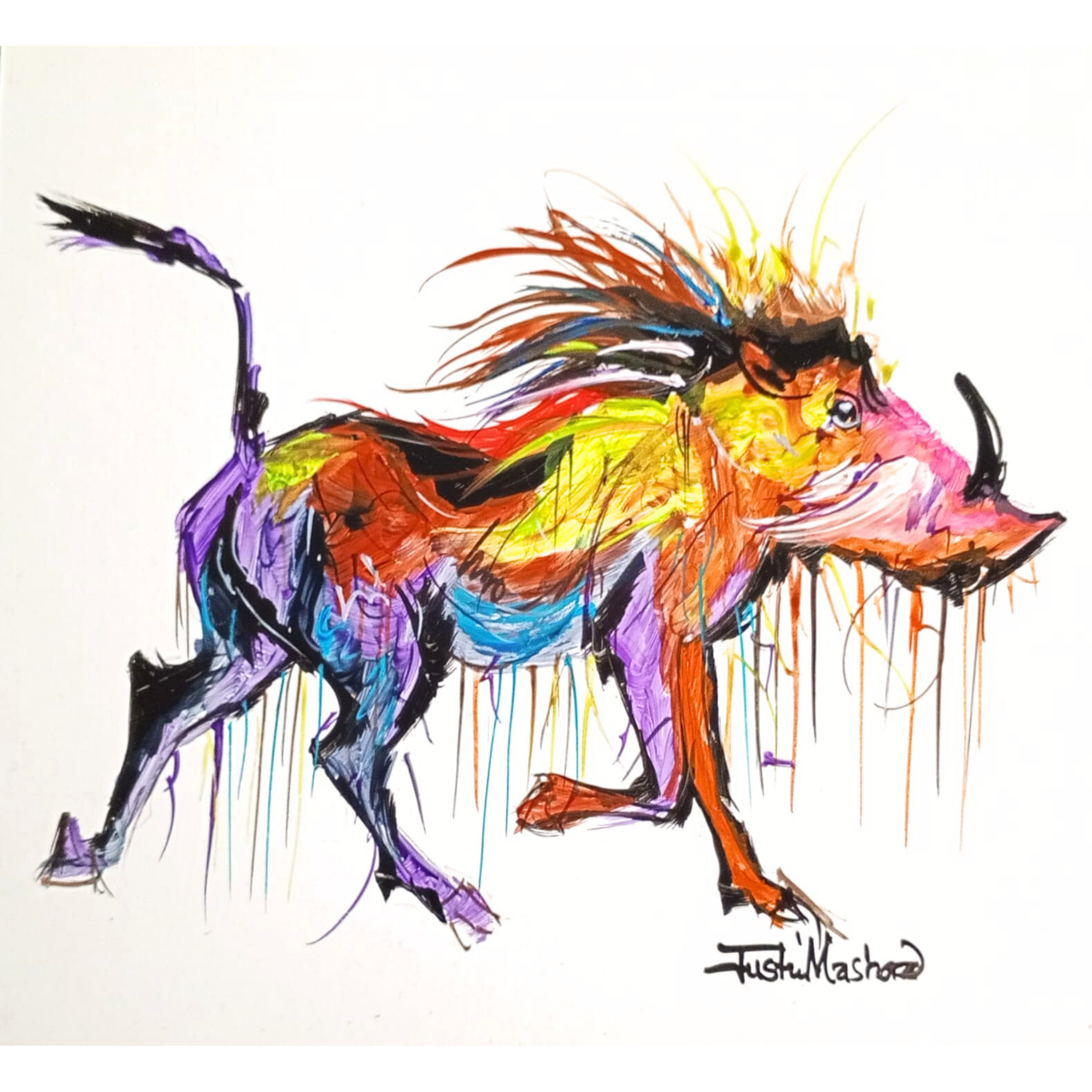 Justin Mashora Masonite Painting - Warthog (25cm x 25cm)