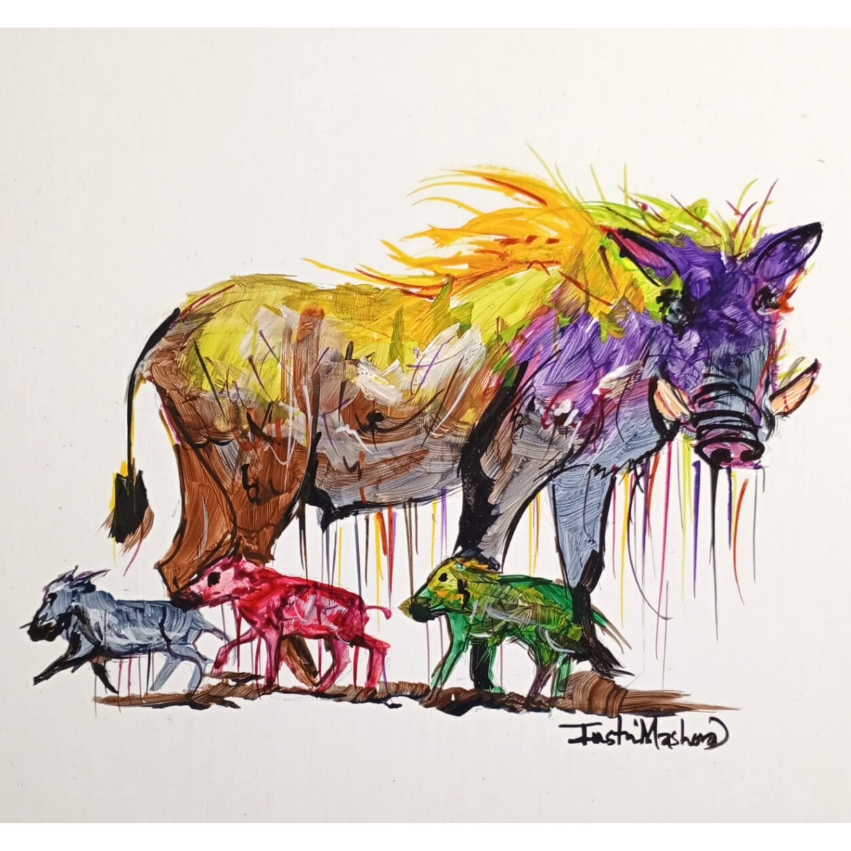 Justin Mashora Masonite Painting - Warthog (25cm x 25cm)