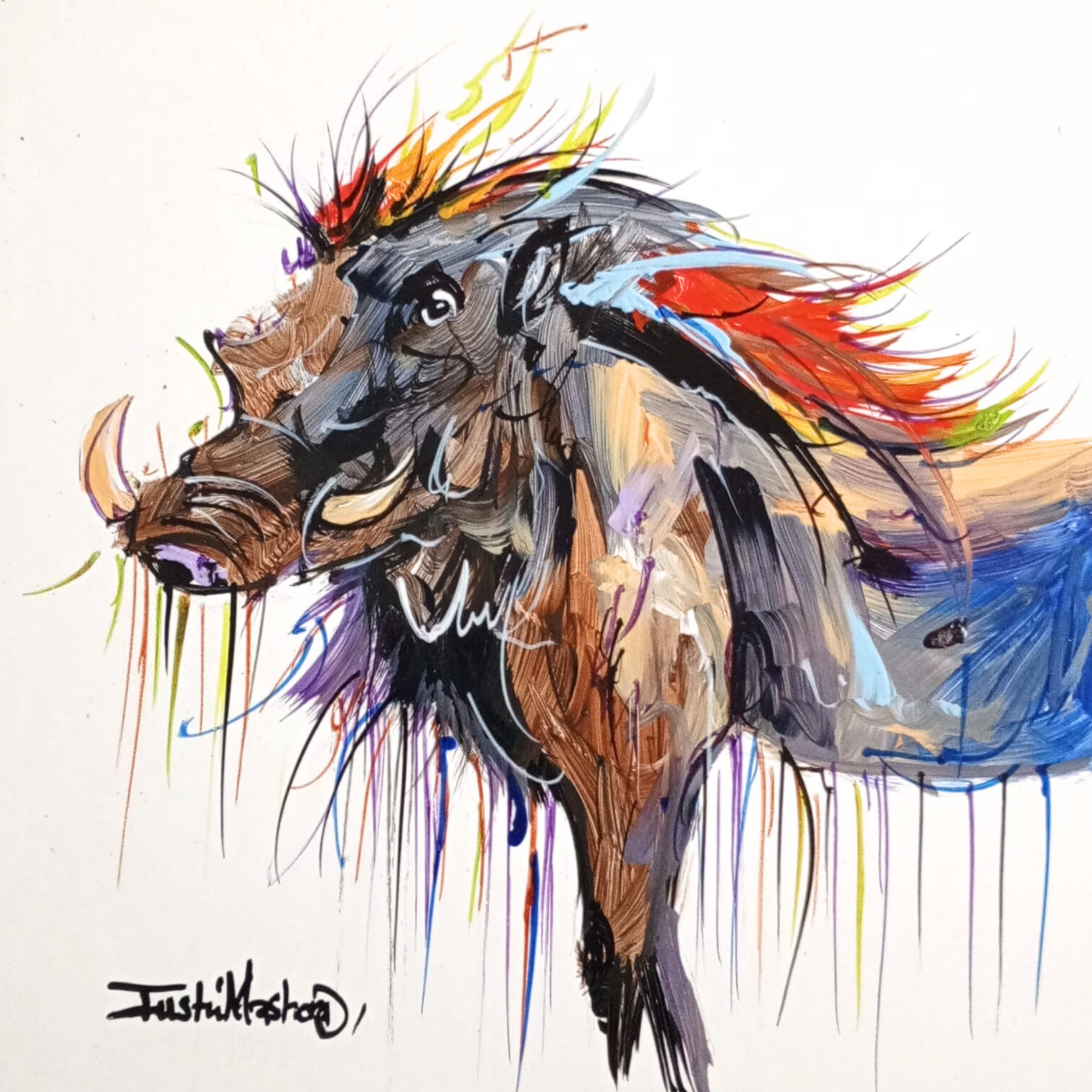 Justin Mashora Masonite Painting - Warthog (25cm x 25cm)