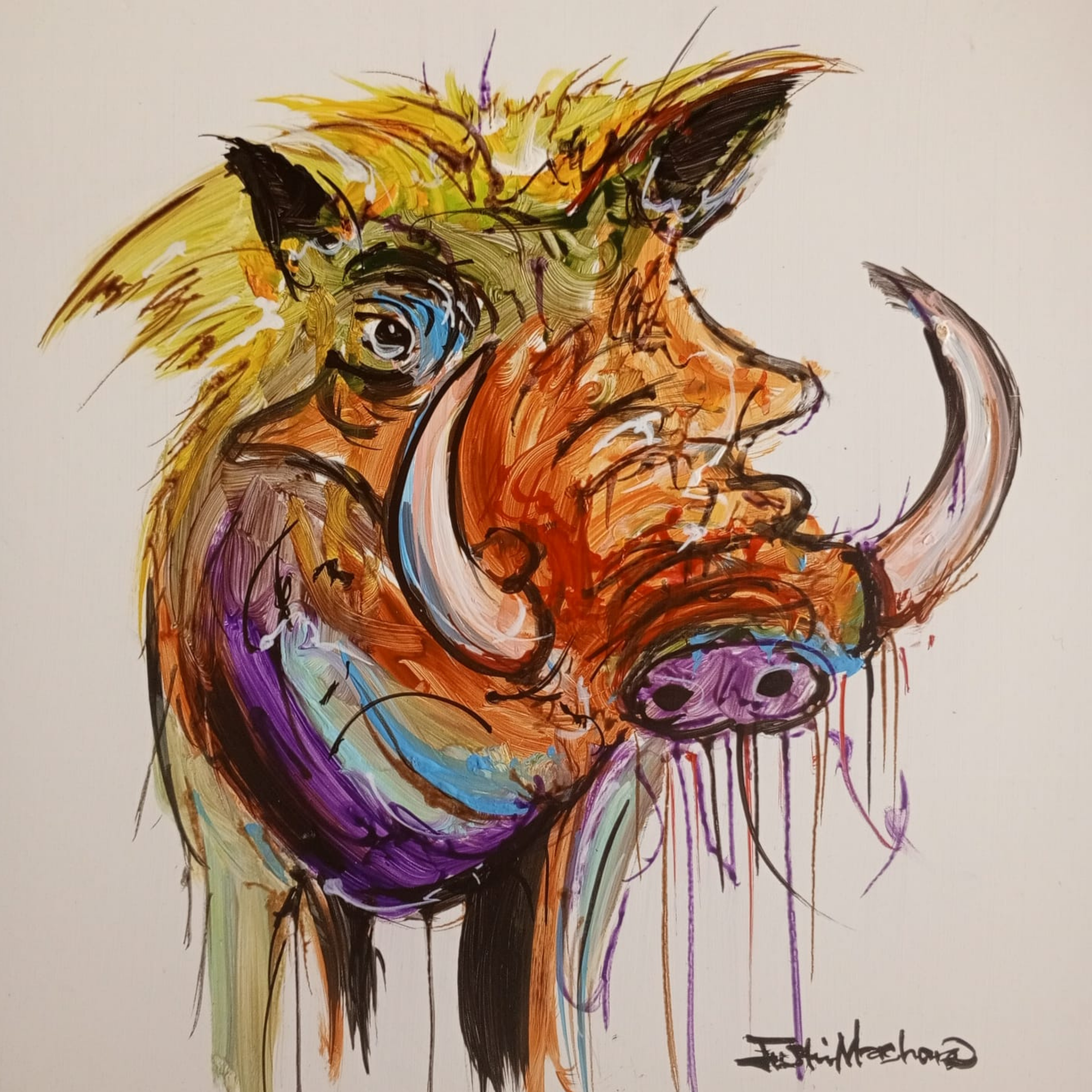 Justin Mashora Masonite Painting - Warthog (25cm x 25cm)