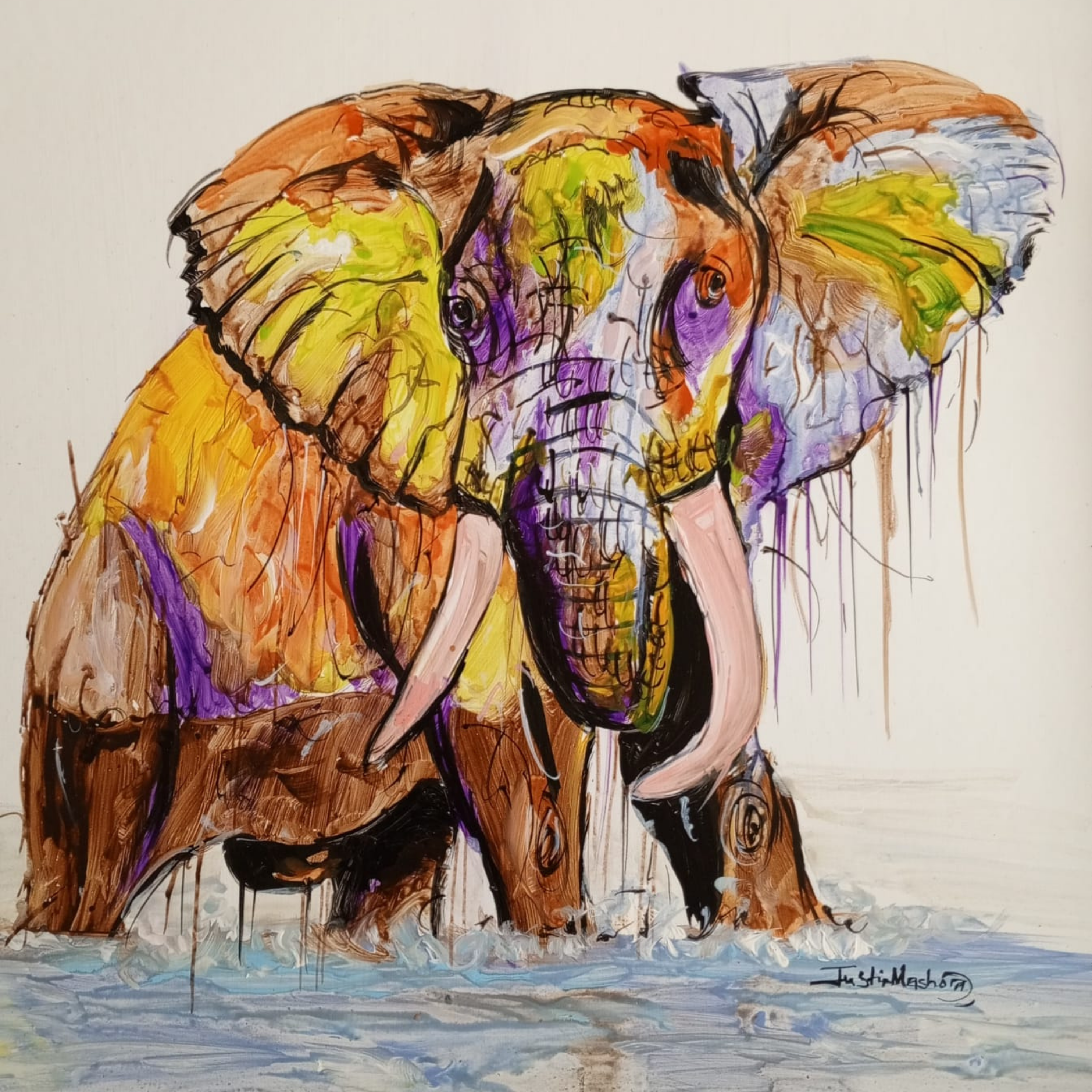 Justin Mashora Masonite Painting - Elephant (25cm x 25cm)