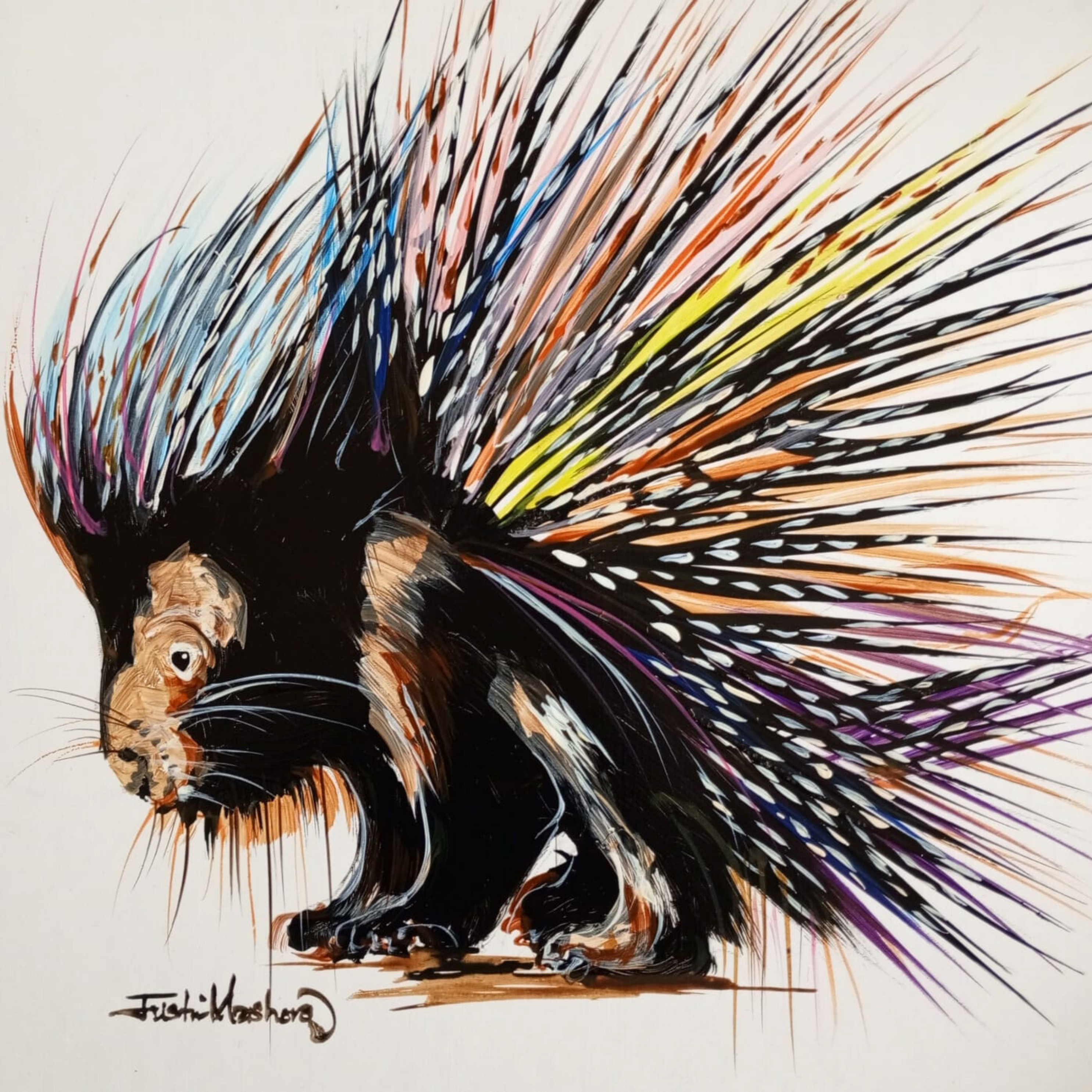 Justin Mashora Masonite Painting - Porcupine (25cm x 25cm)