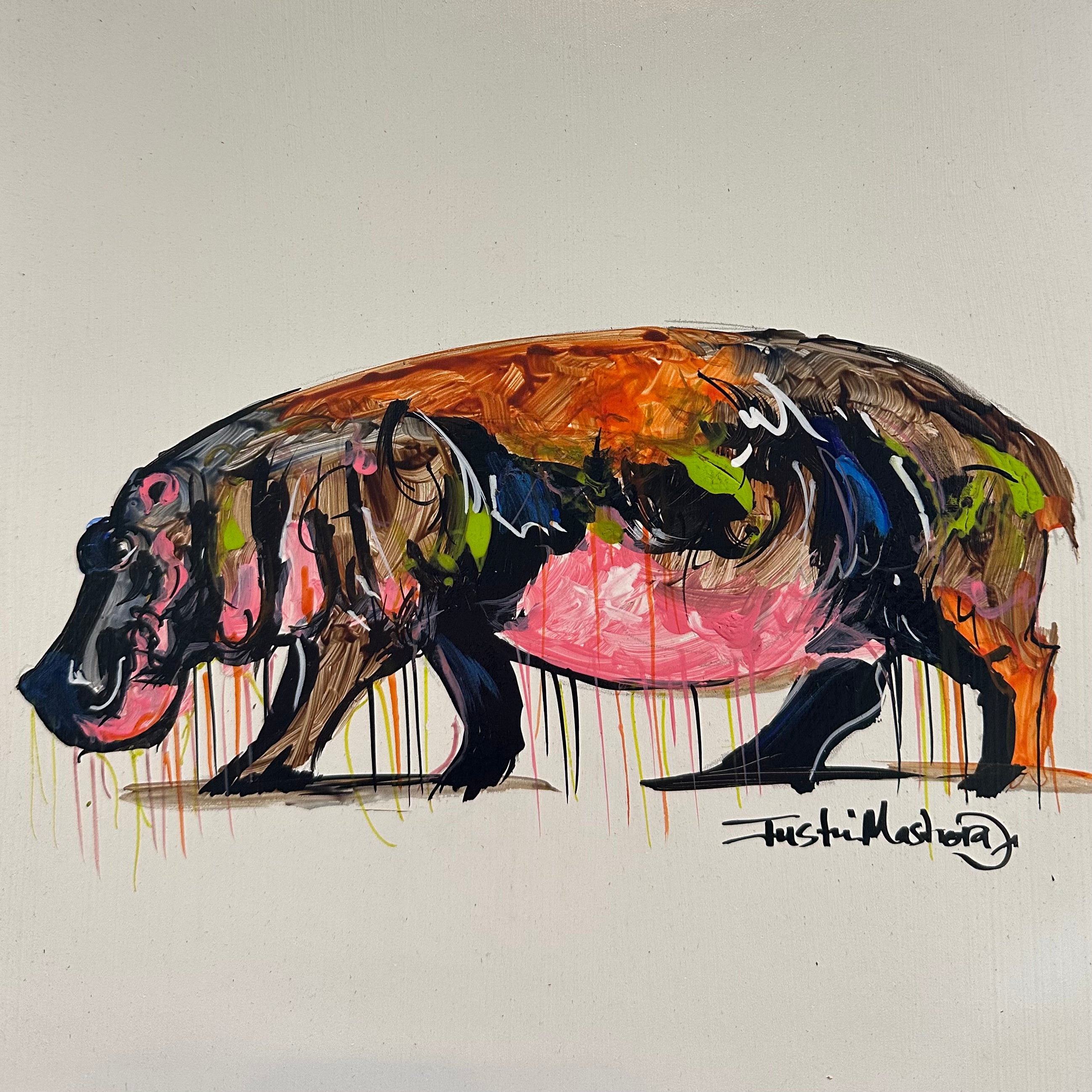 Justin Mashora Masonite Painting - Hippo (25cm x 25cm)