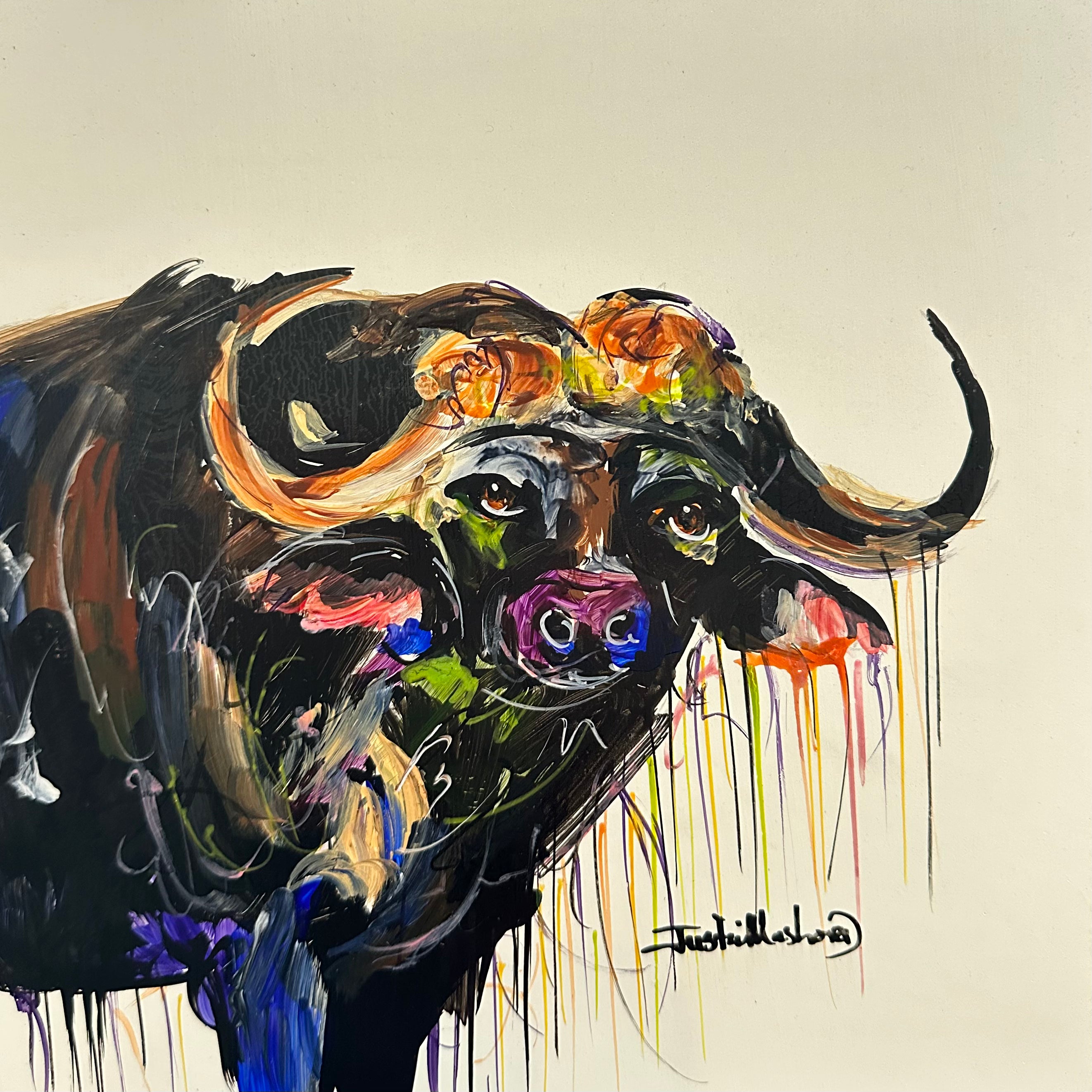 Justin Mashora Masonite Painting - Buffalo (25cm x 25cm)