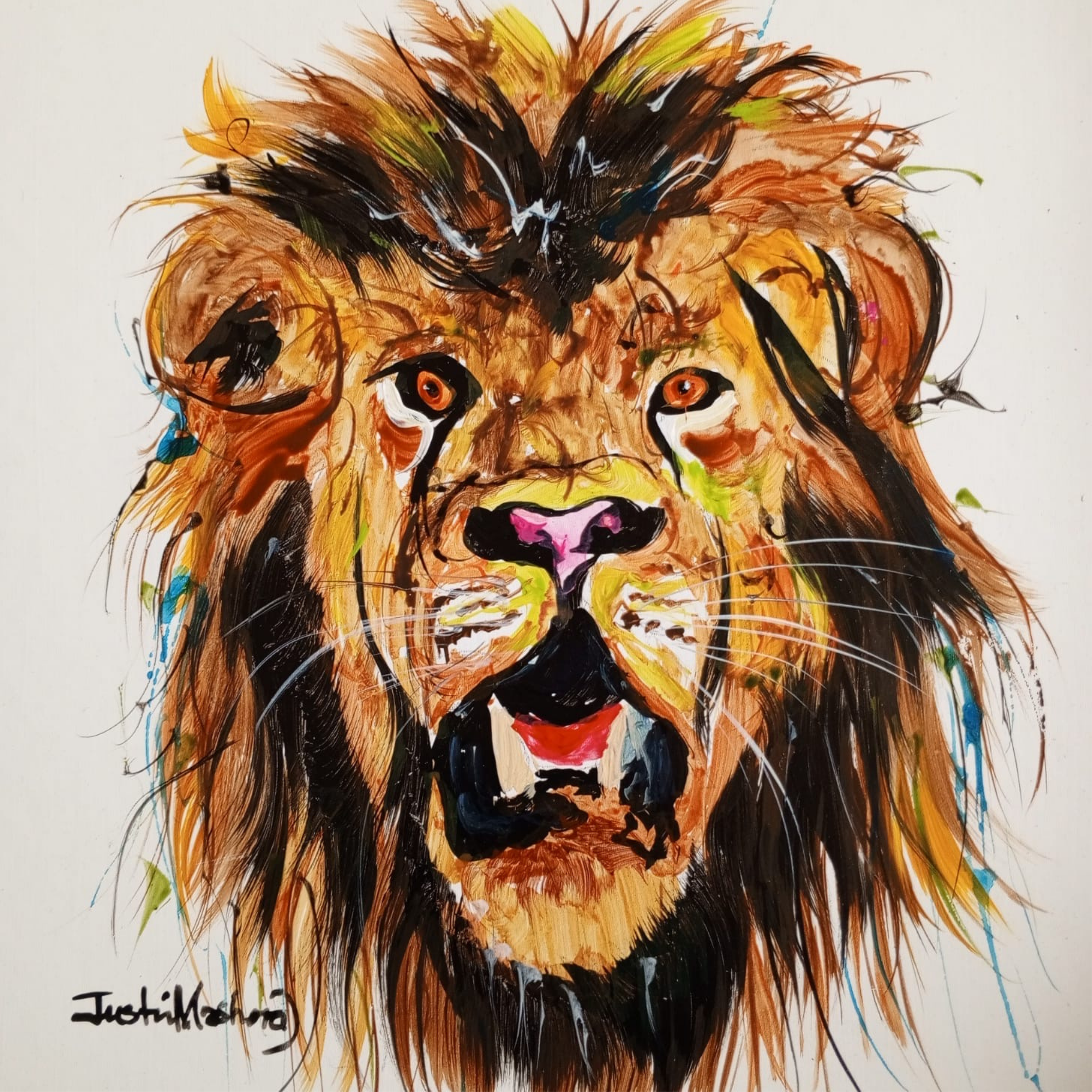 Justin Mashora Masonite Painting - Lion (25cm x 25cm)