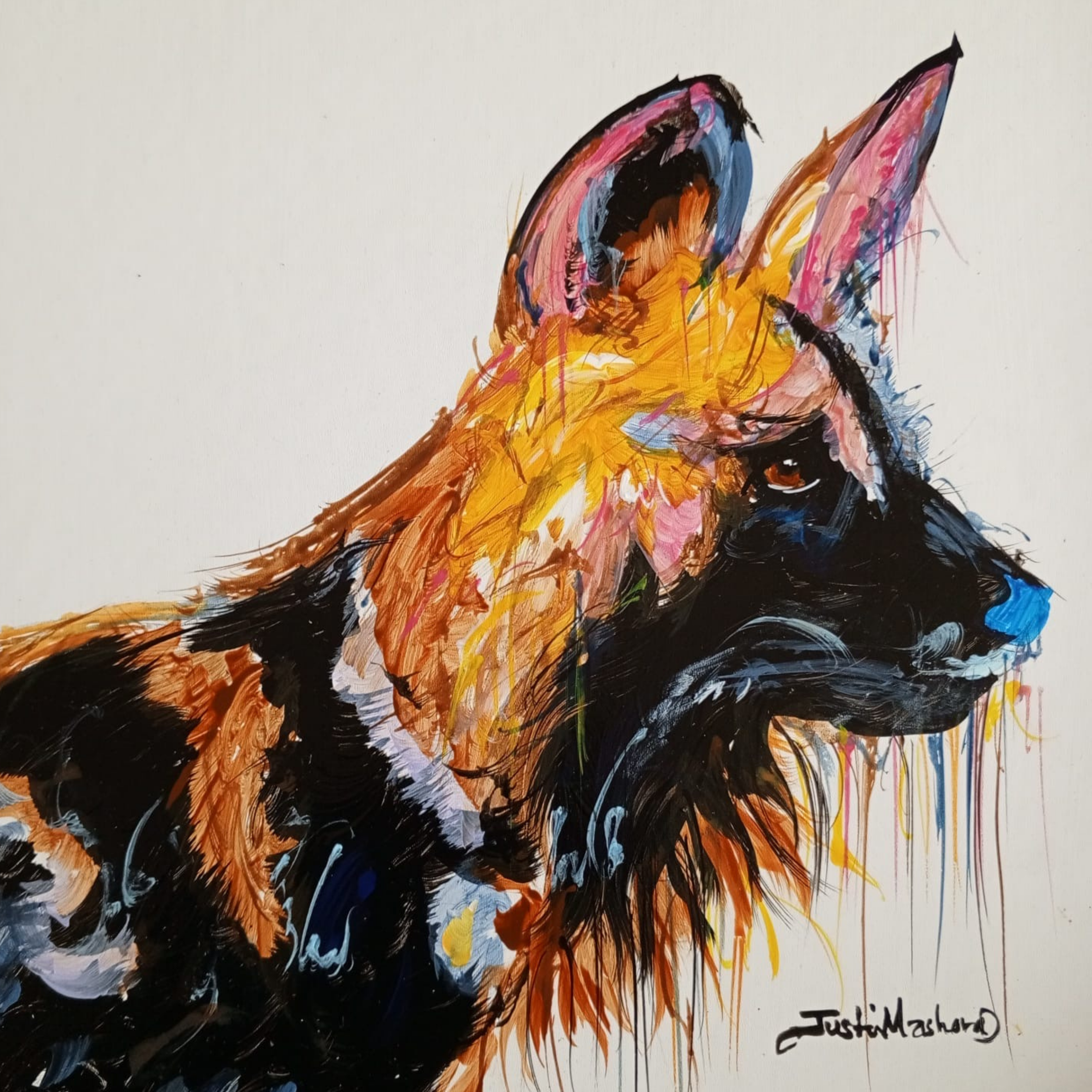 Justin Mashora Masonite Painting - Wild Dog (25cm x 25cm)