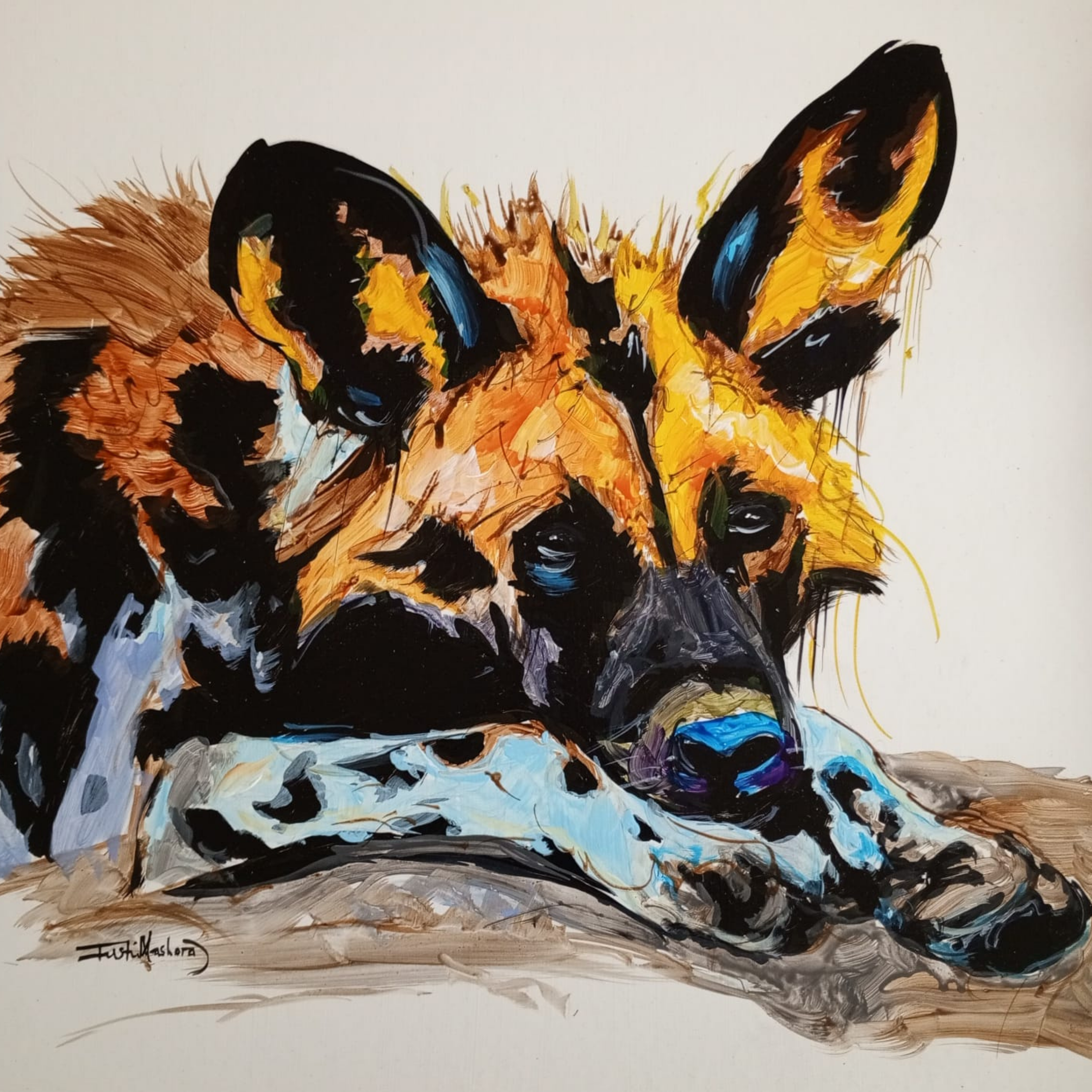 Justin Mashora Masonite Painting - Wild Dog (25cm x 25cm)