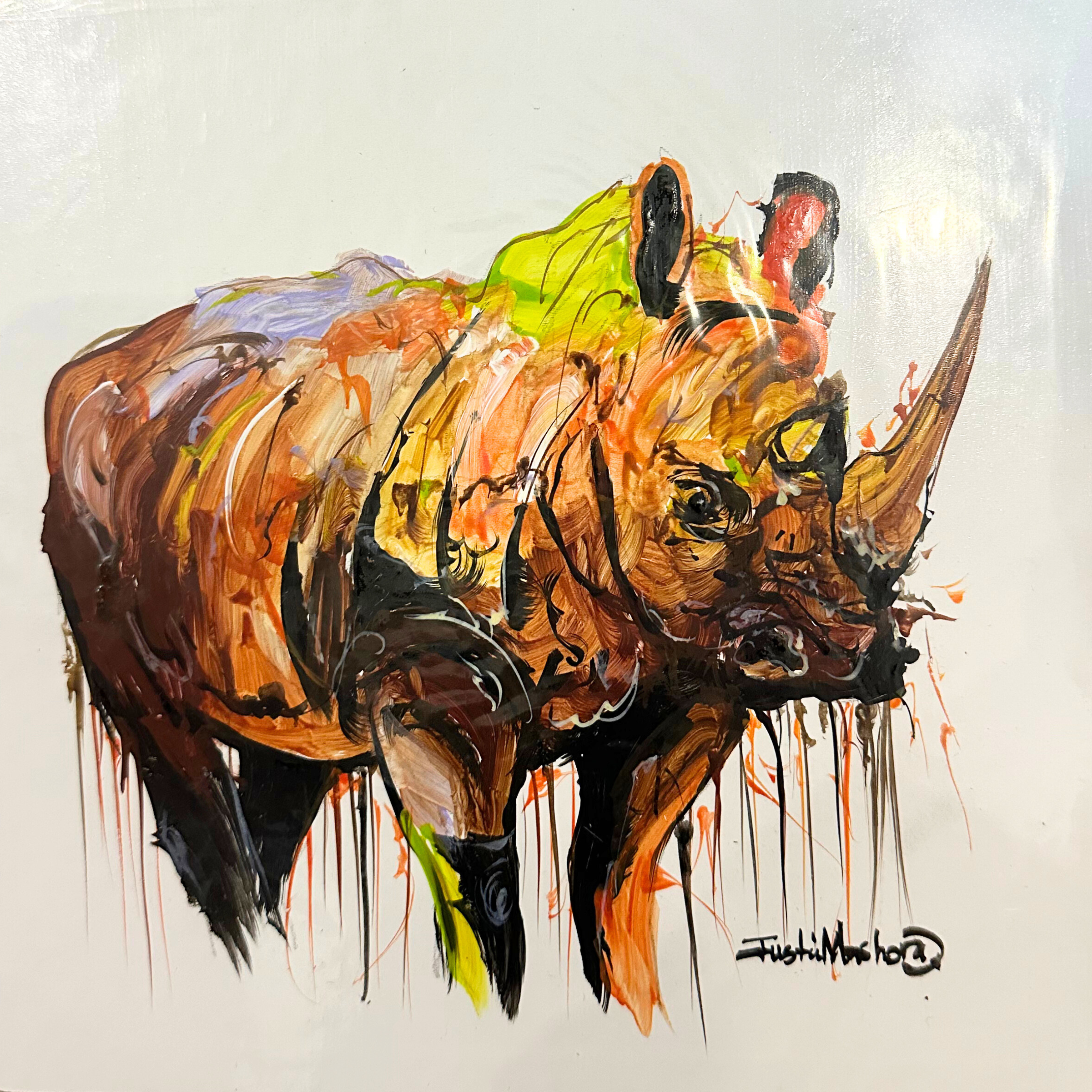 Justin Mashora Masonite Painting - Rhino (25cm x 25cm)