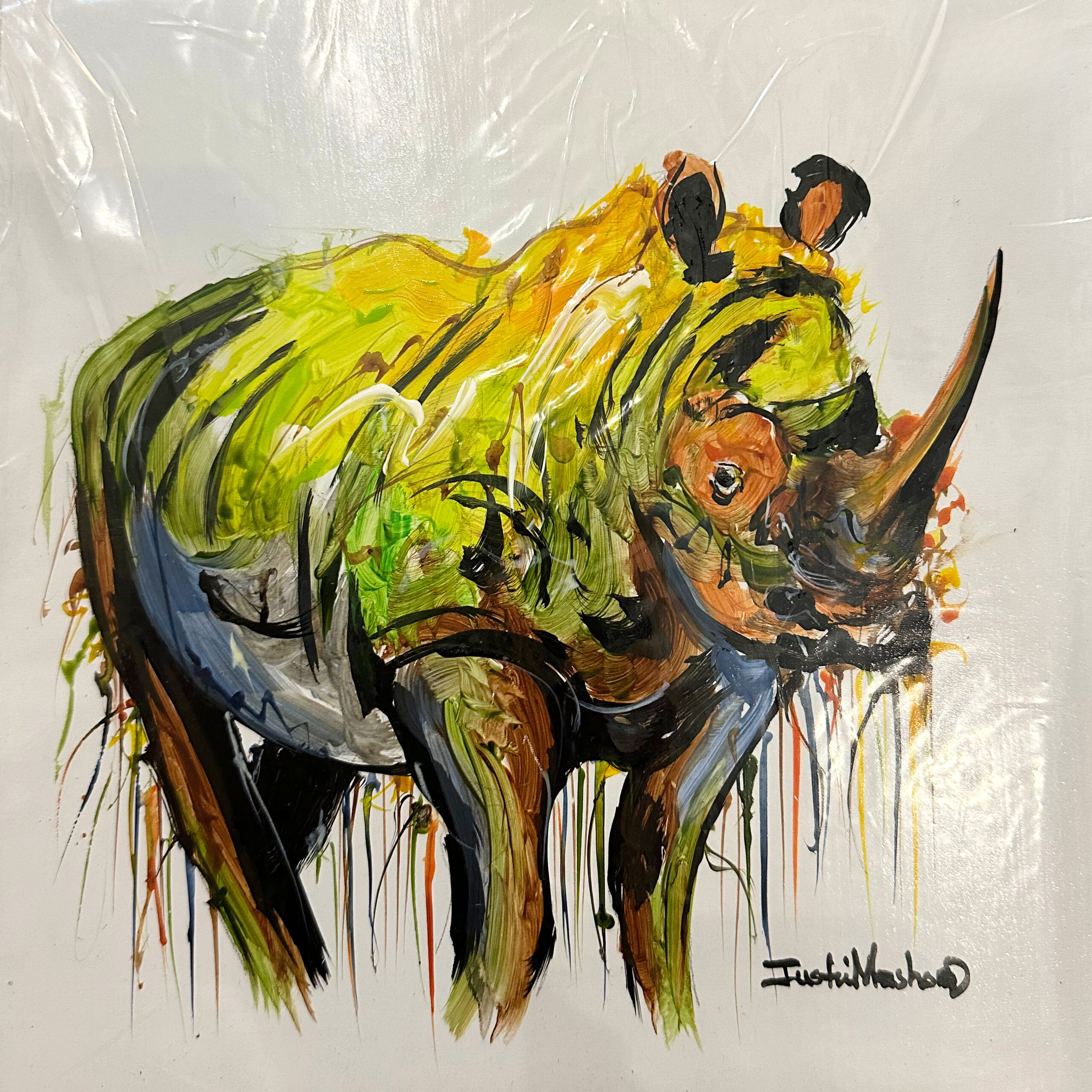 Justin Mashora Masonite Painting - Rhino (25cm x 25cm)