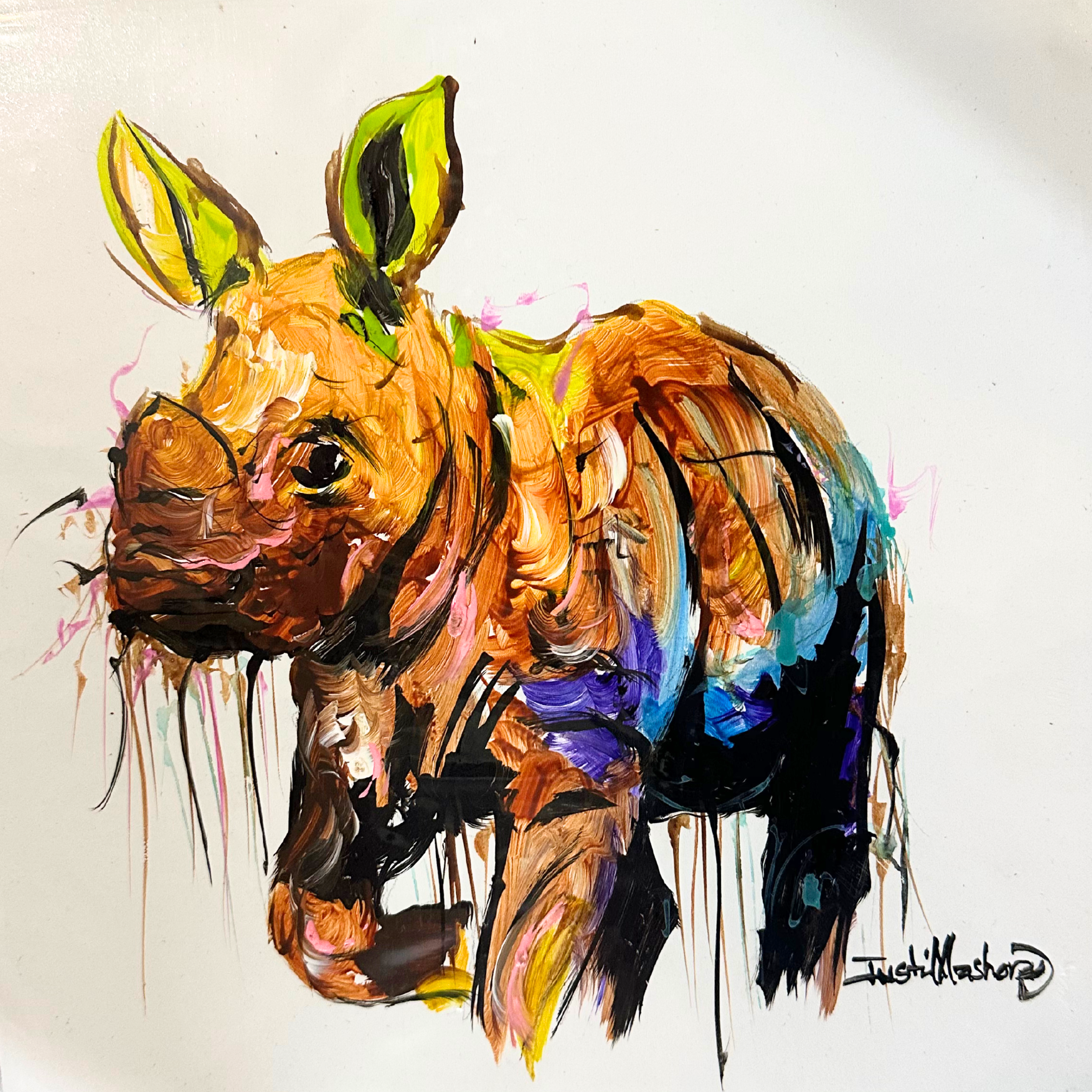 Justin Mashora Masonite Painting - Rhino (25cm x 25cm)