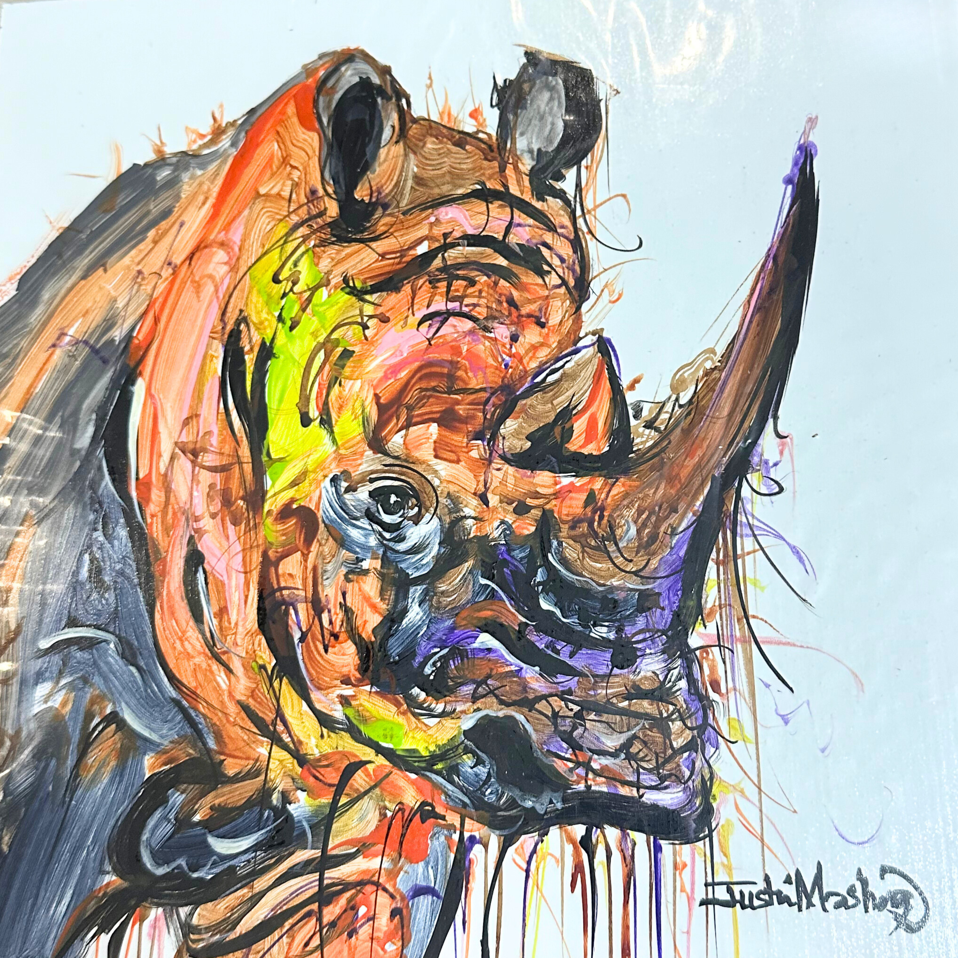 Justin Mashora Masonite Painting - Rhino (25cm x 25cm)