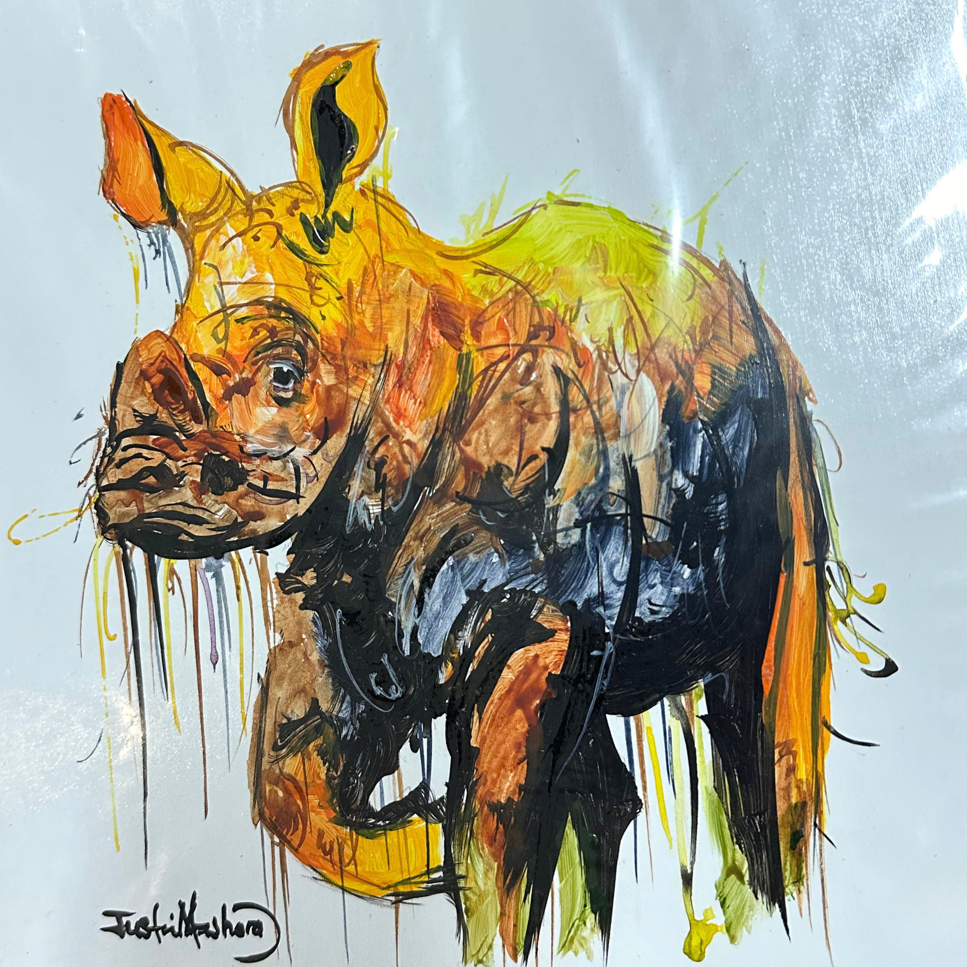 Justin Mashora Masonite Painting - Rhino (25cm x 25cm)