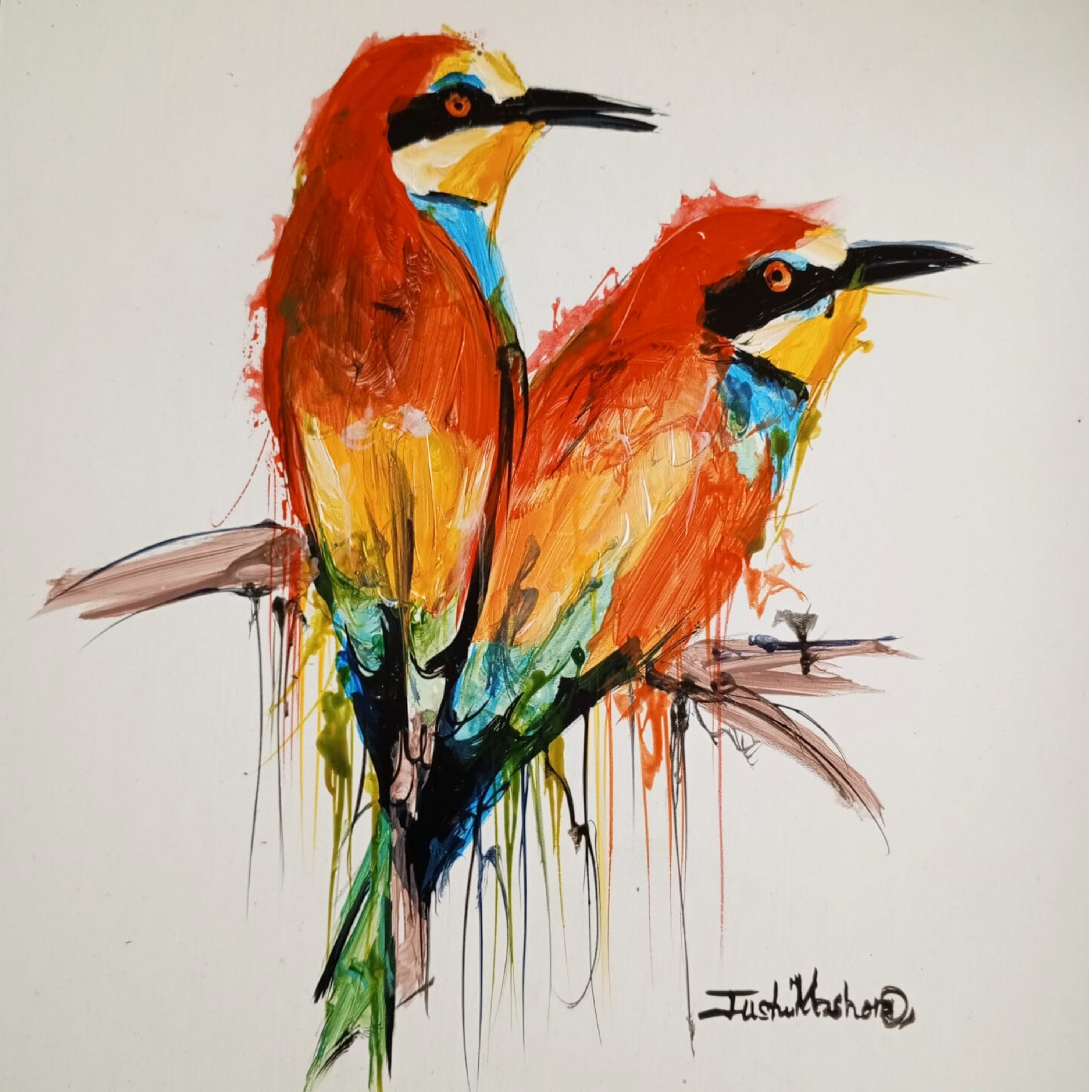 Justin Mashora Masonite Painting - Birds (25cm x 25cm)