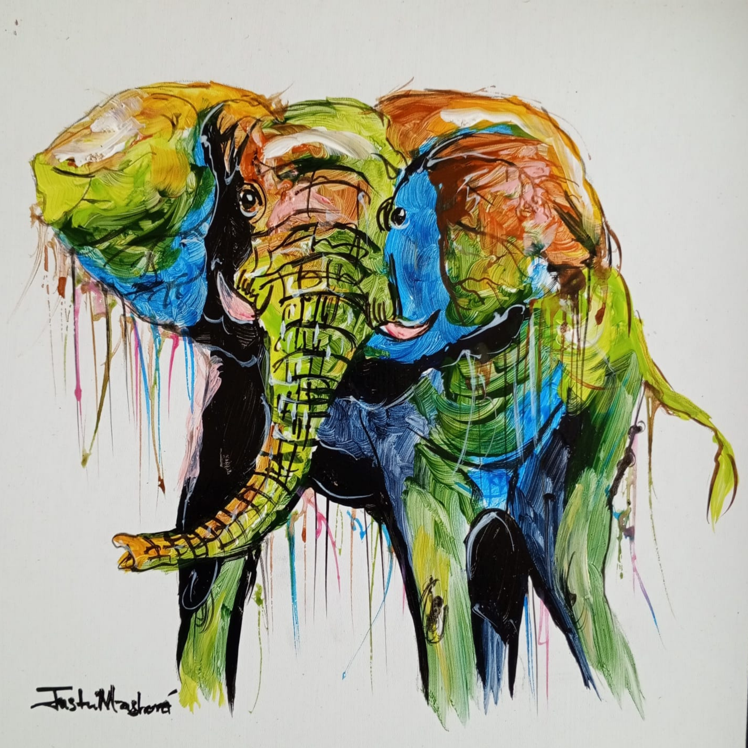 Justin Mashora Masonite Painting - Elephant (25cm x 25cm)