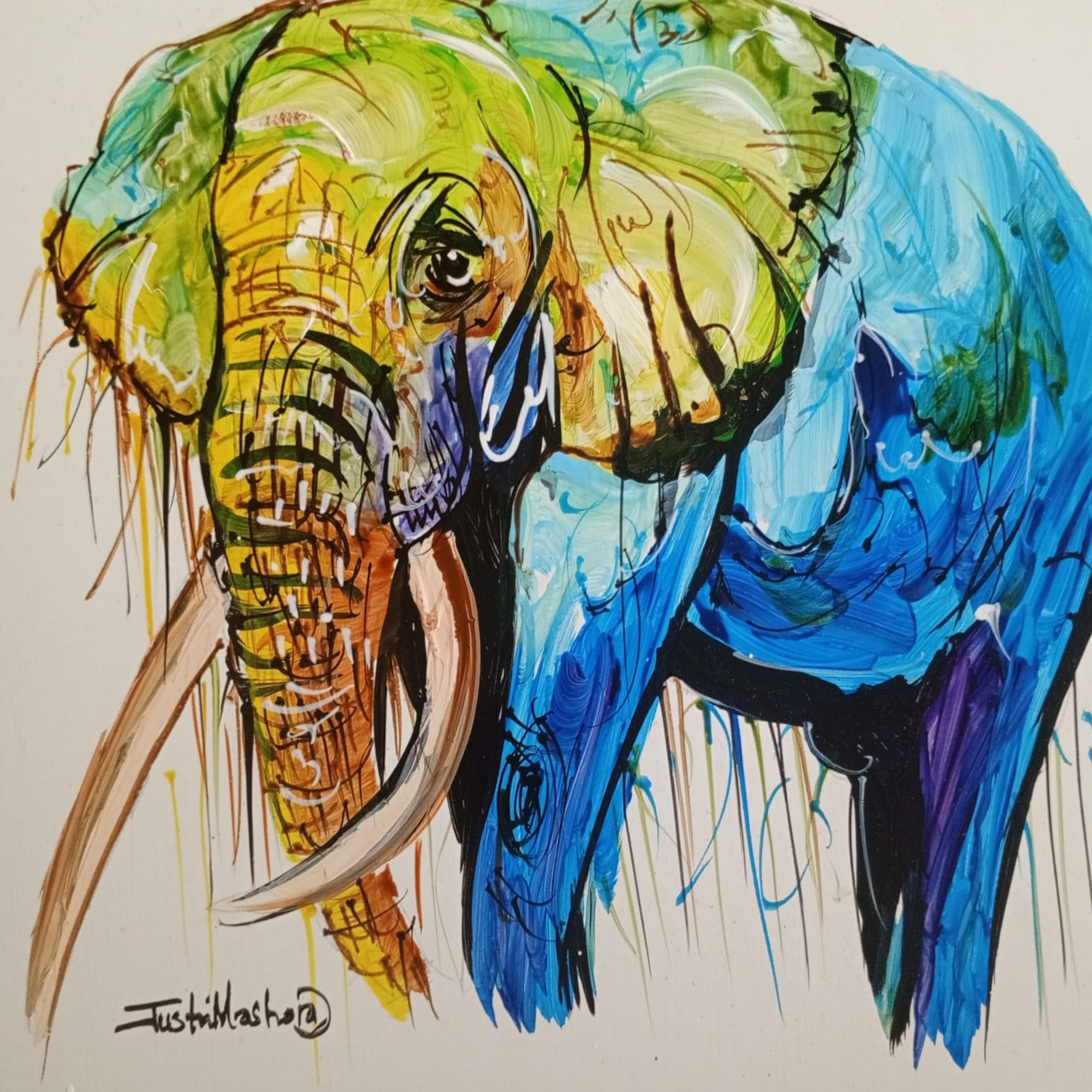 Justin Mashora Masonite Painting - Elephant (25cm x 25cm)