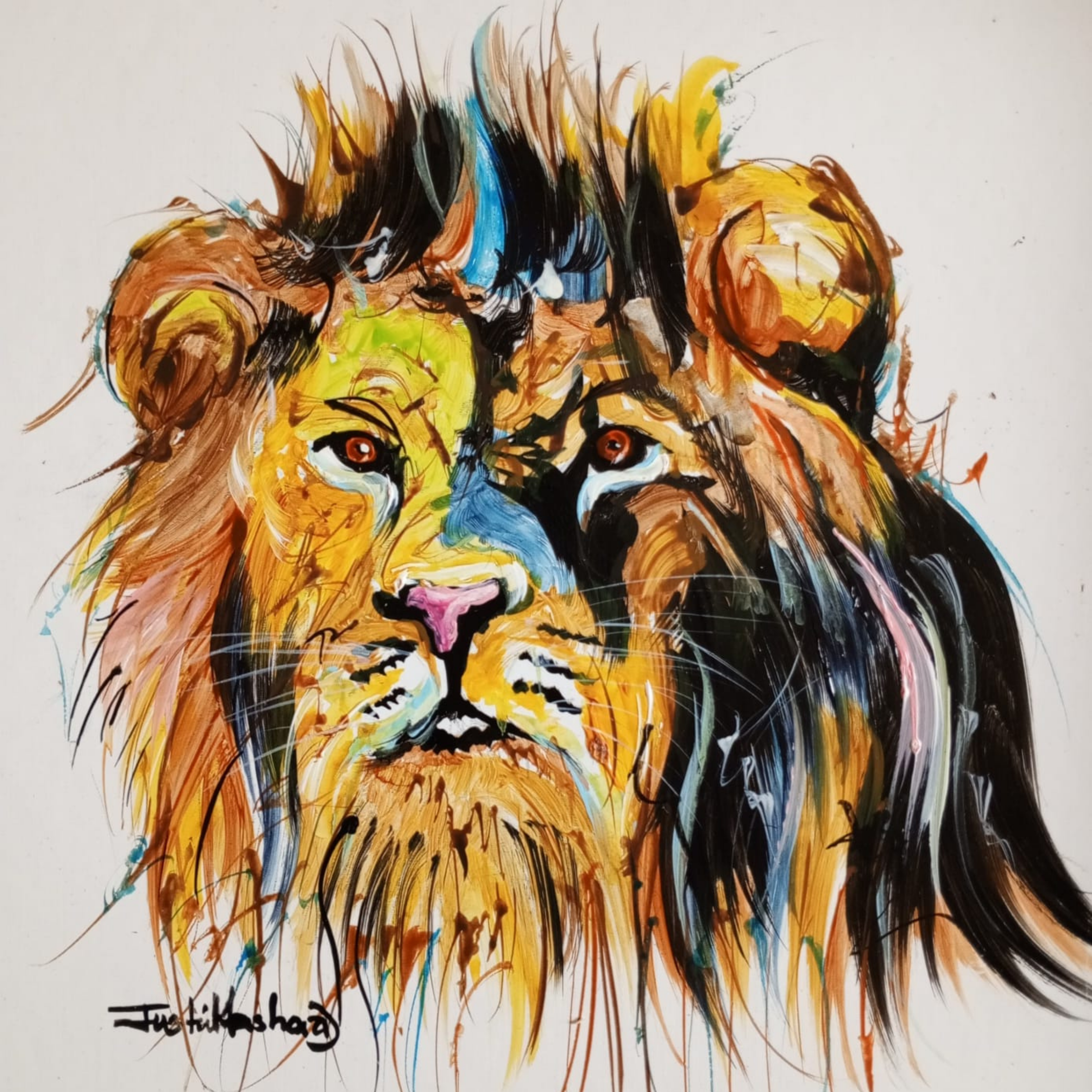 Justin Mashora Masonite Painting - Lion (25cm x 25cm)