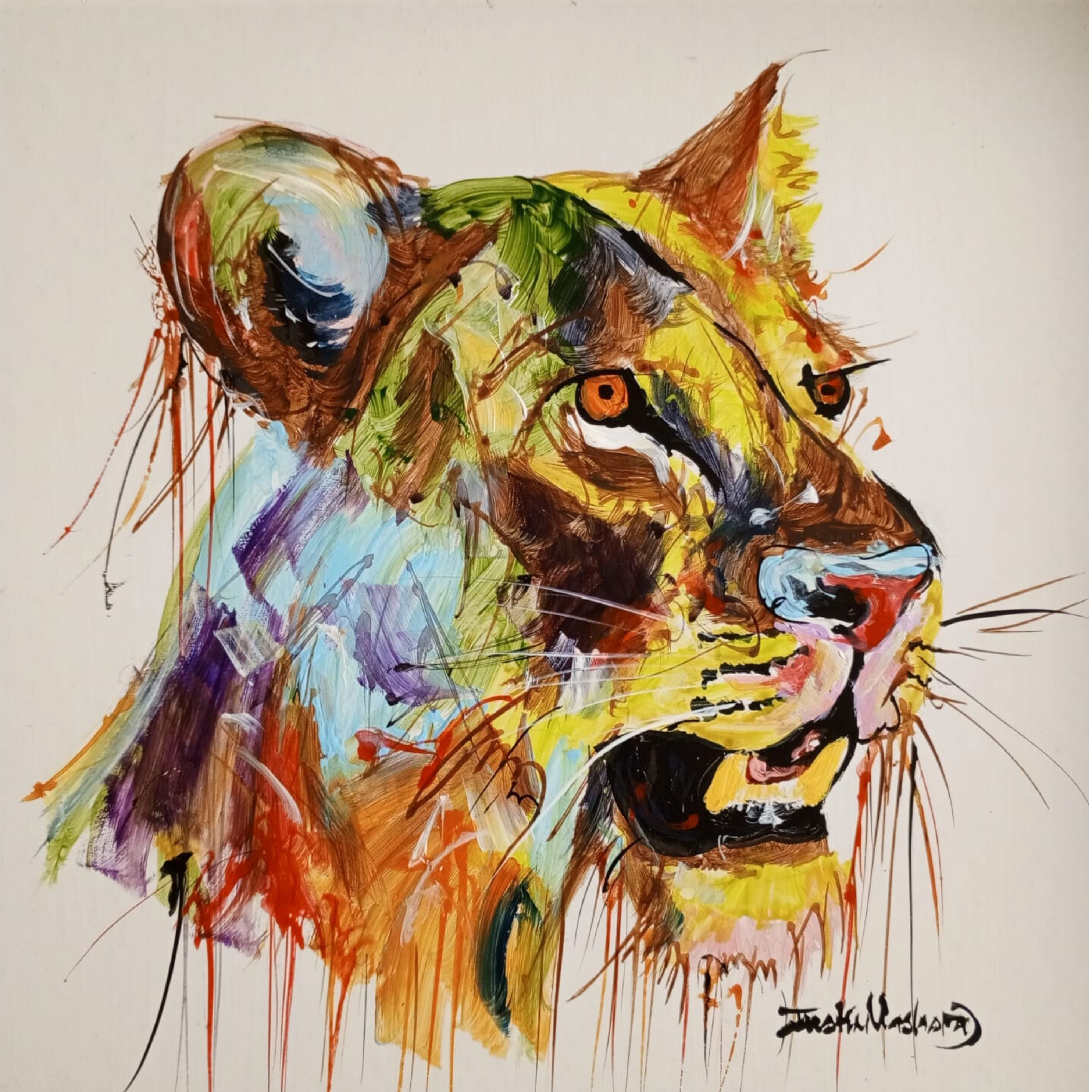 Justin Mashora Masonite Painting - Lion (25cm x 25cm)