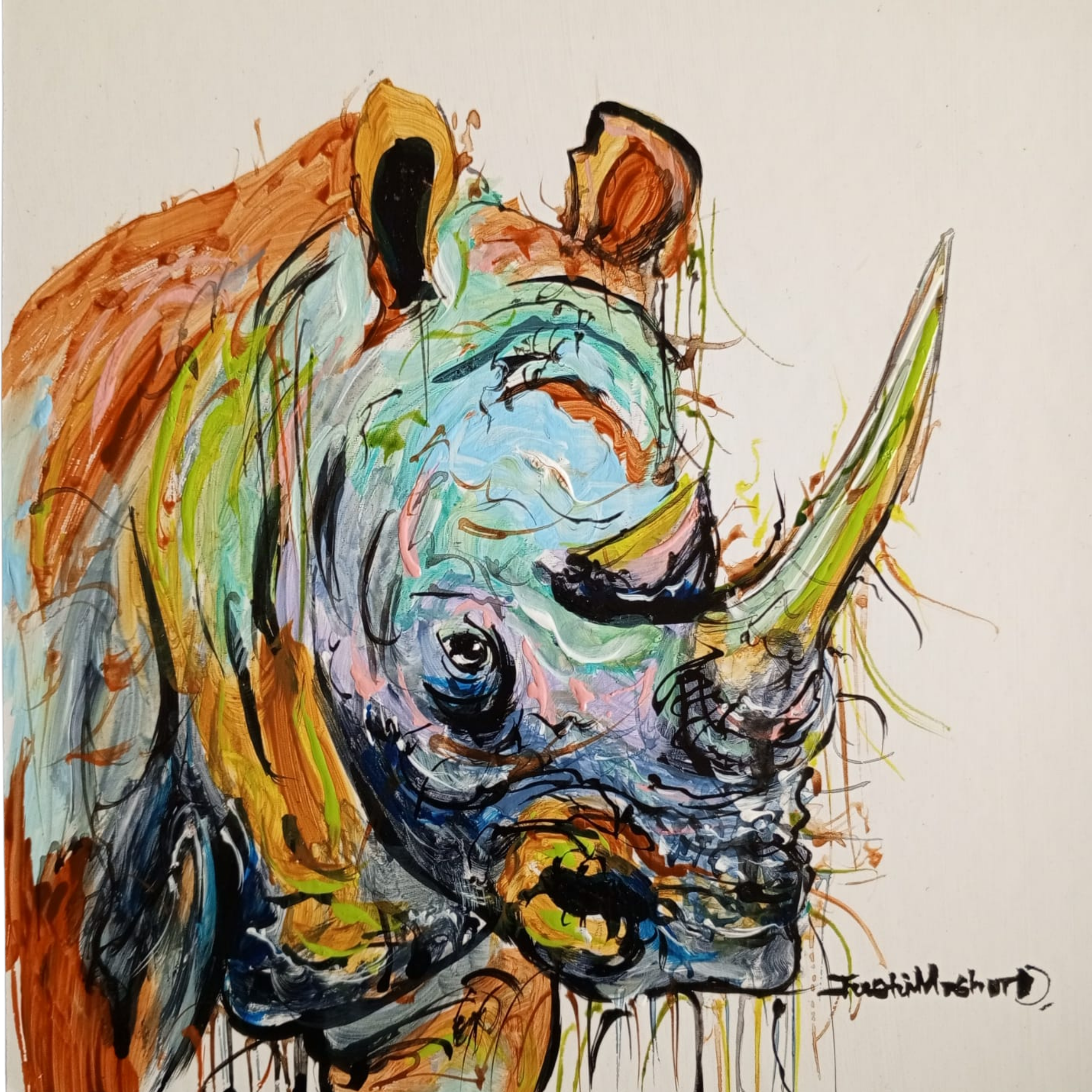 Justin Mashora Masonite Painting - Rhino (25cm x 25cm)