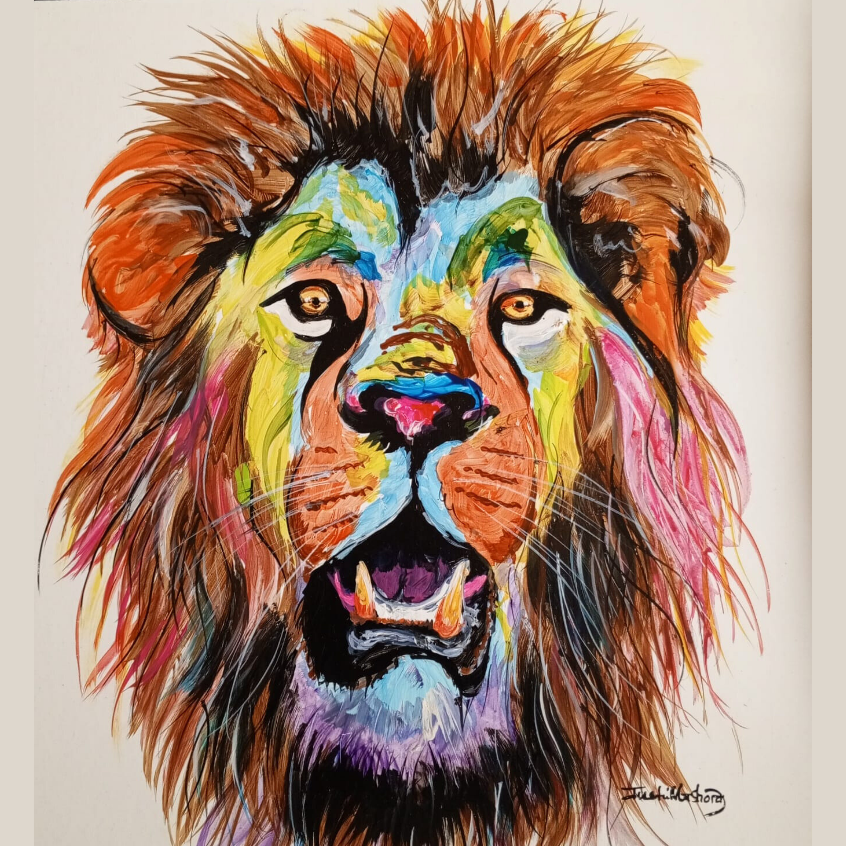 Justin Mashora Masonite Painting - Lion (25cm x 25cm)