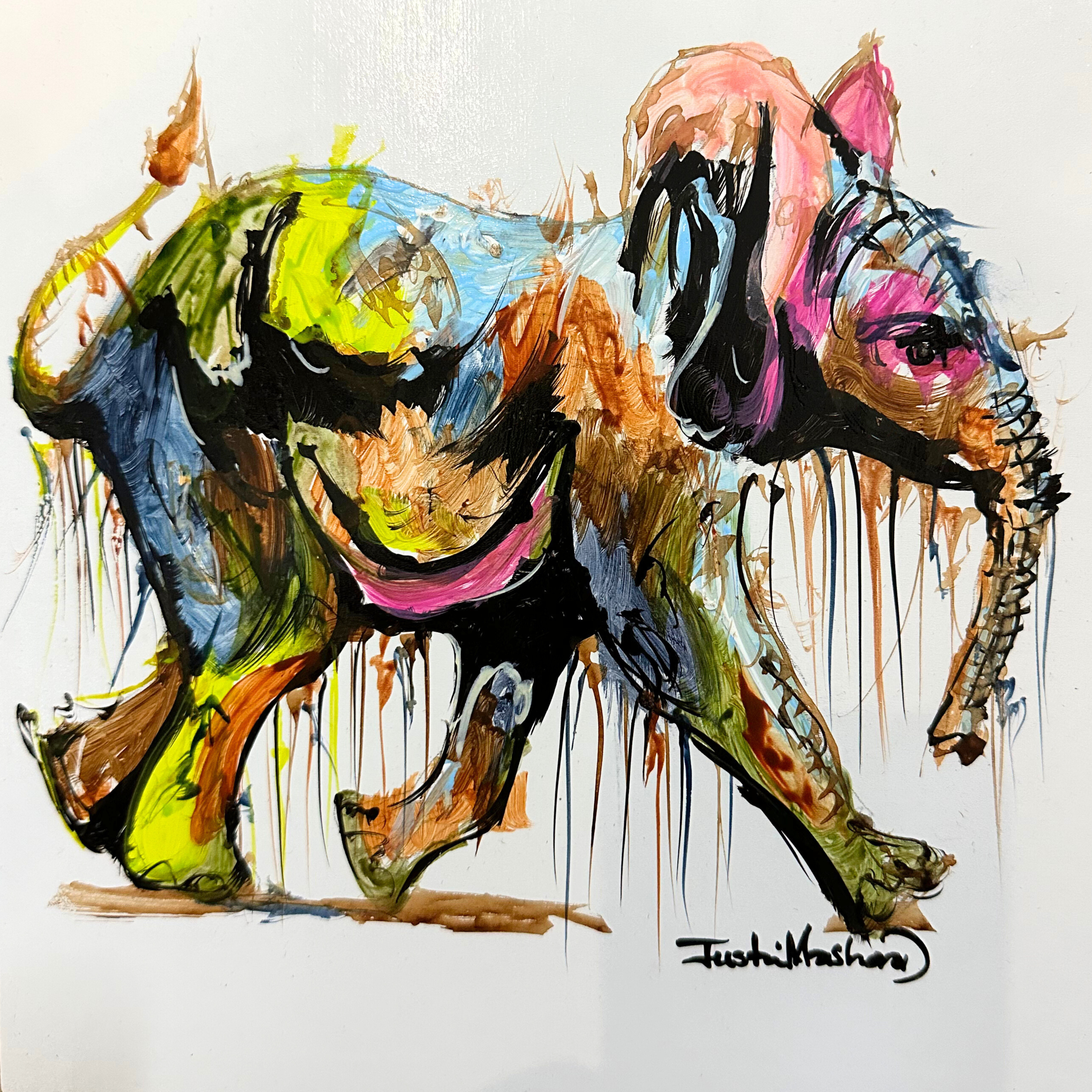 Justin Mashora Masonite Painting - Elephant (25cm x 25cm)