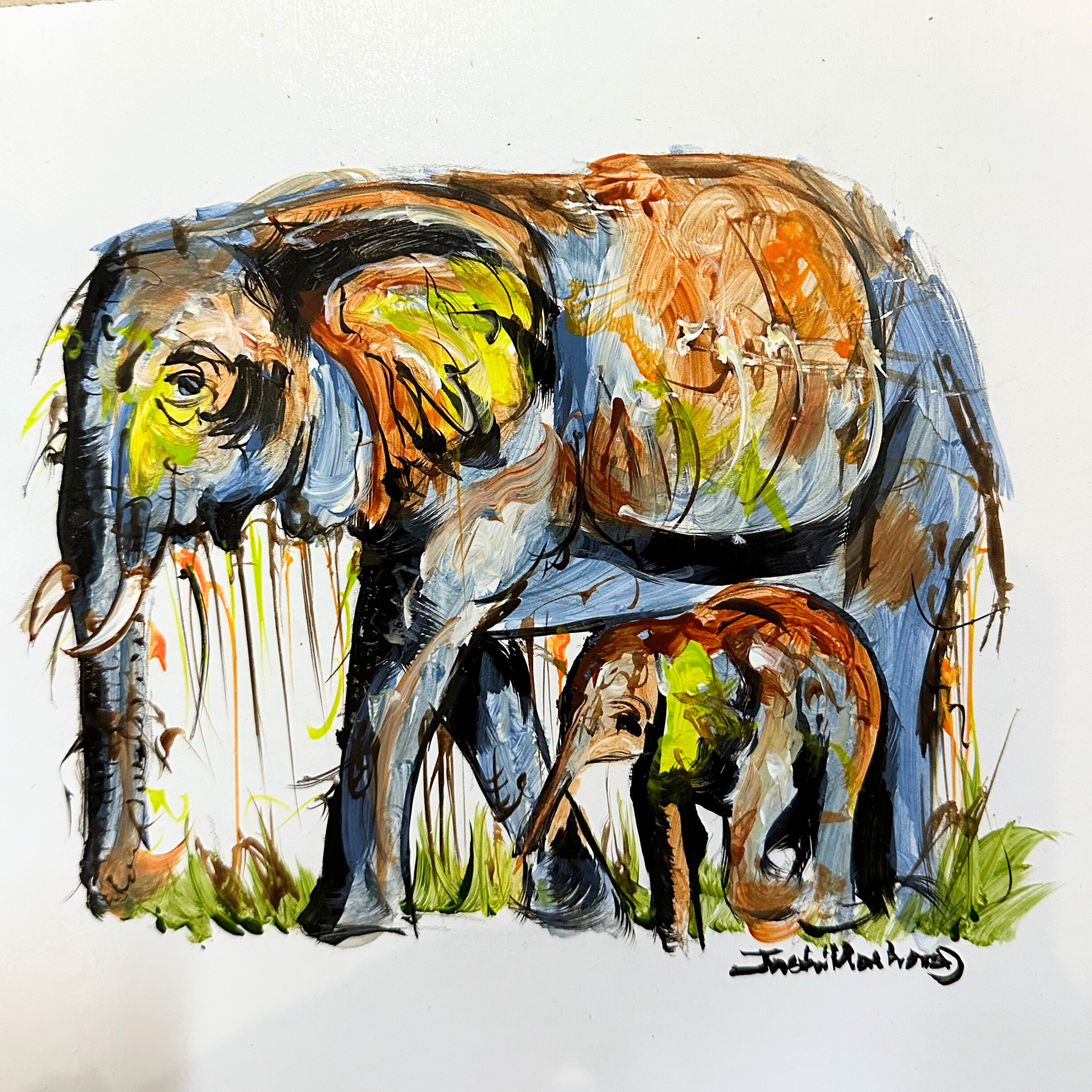 Justin Mashora Masonite Painting - Elephant (25cm x 25cm)