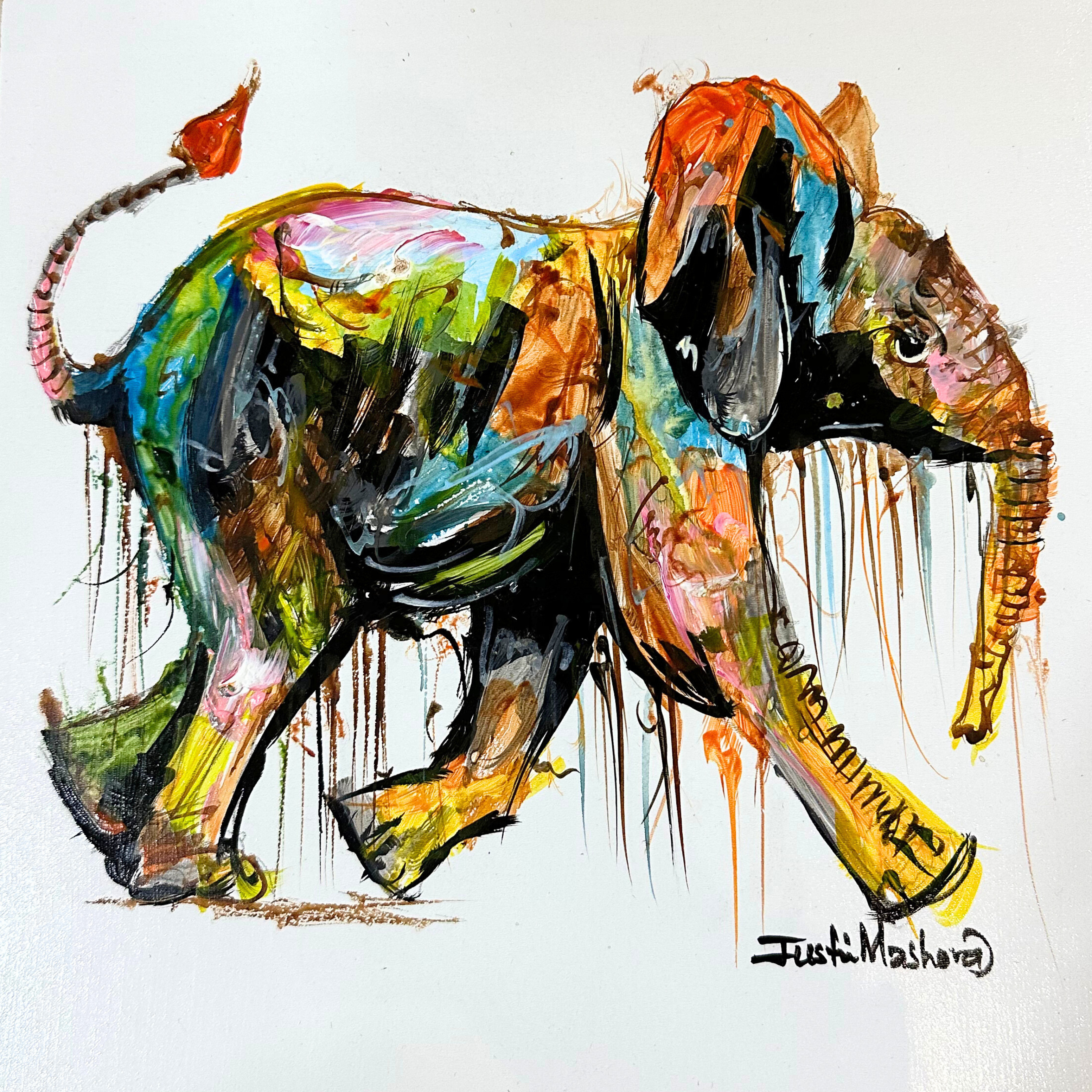 Justin Mashora Masonite Painting - Elephant (25cm x 25cm)