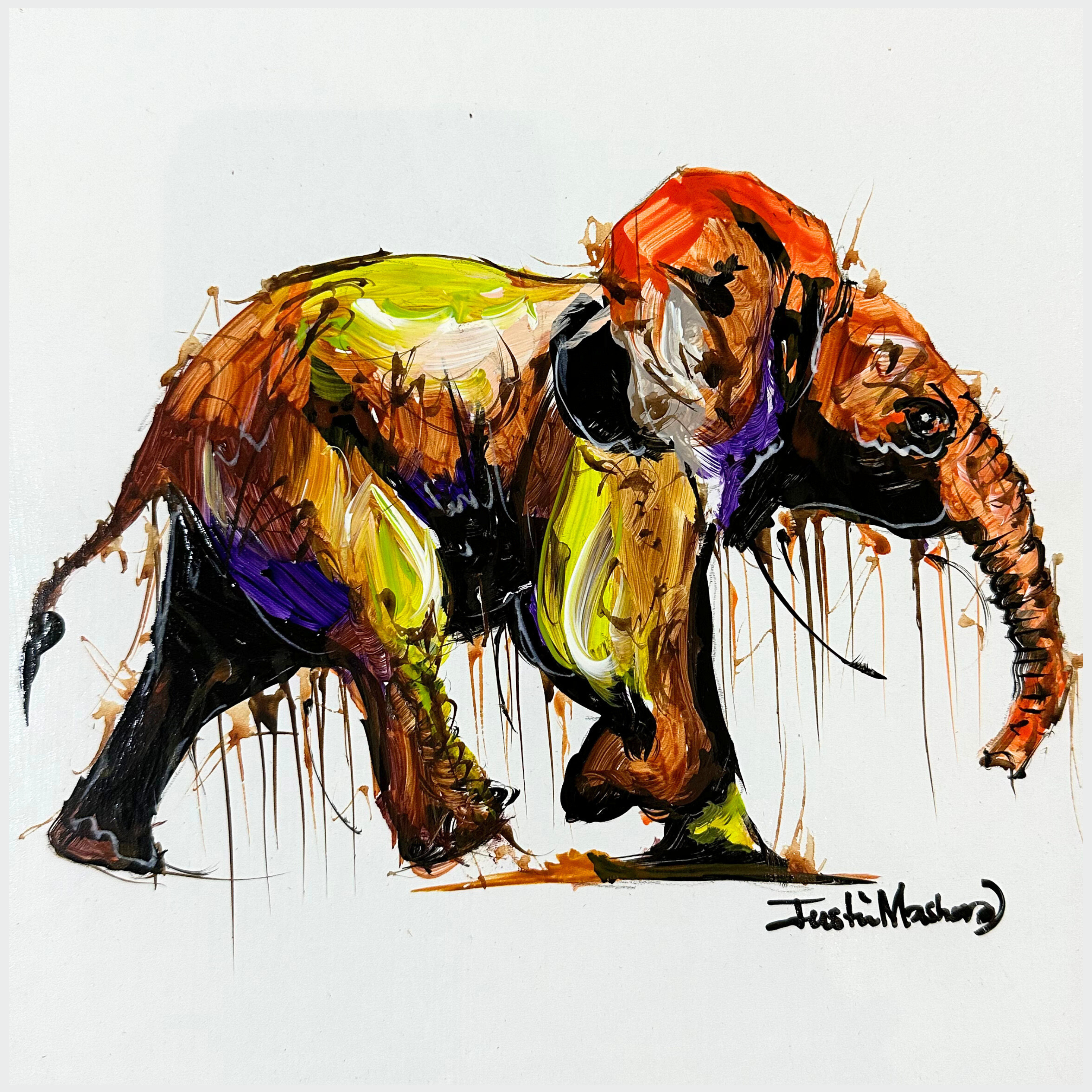 Justin Mashora Masonite Painting - Elephant (25cm x 25cm)