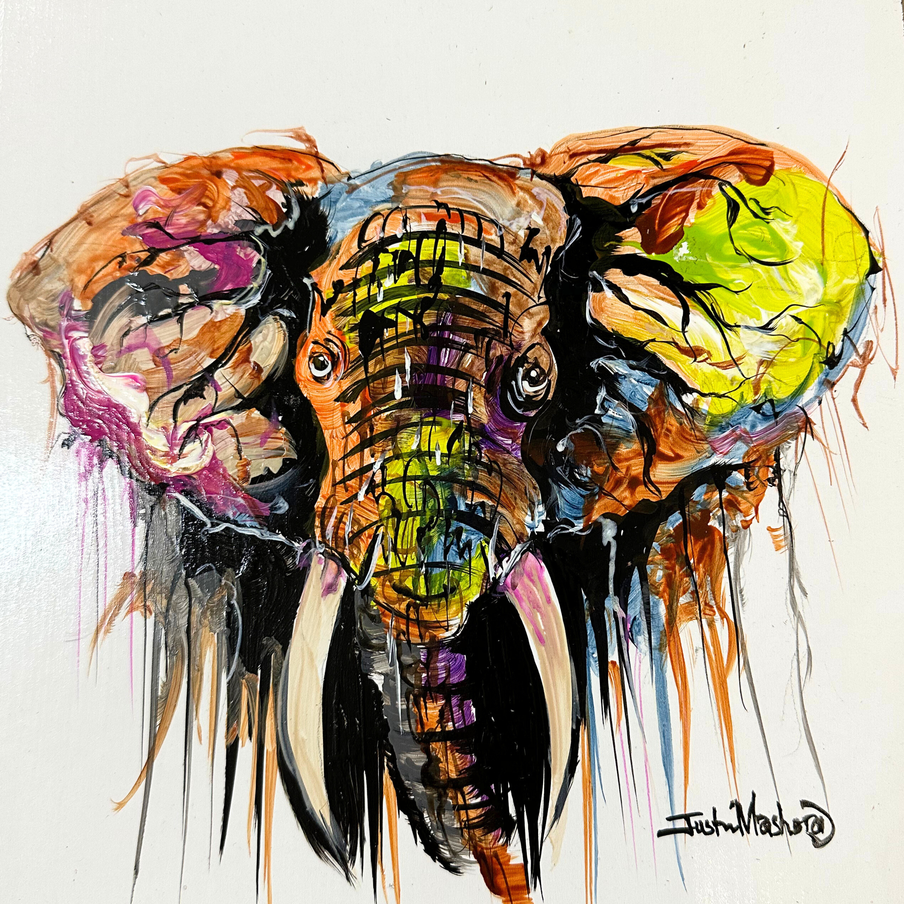 Justin Mashora Masonite Painting - Elephant (25cm x 25cm)