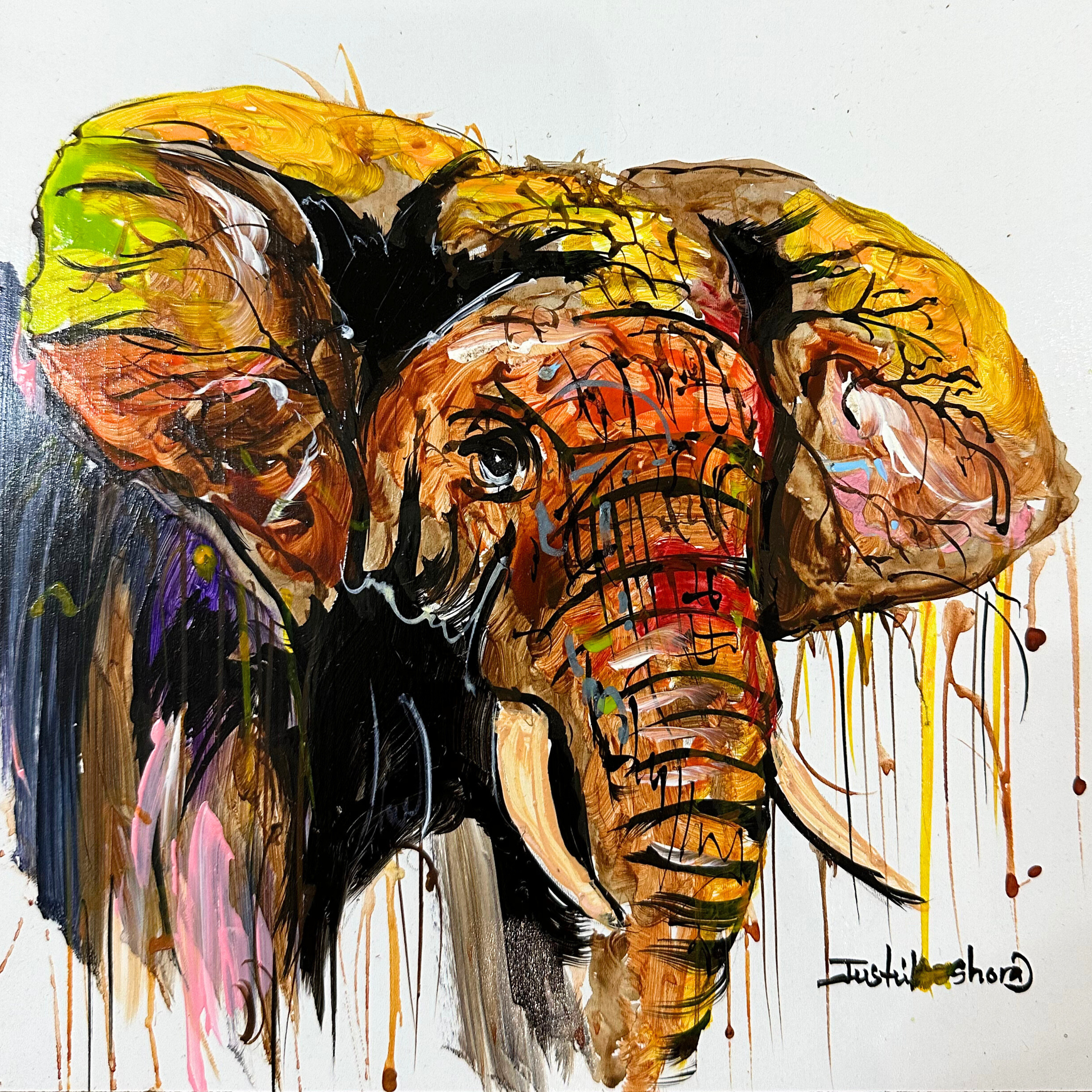 Justin Mashora Masonite Painting - Elephant (25cm x 25cm)