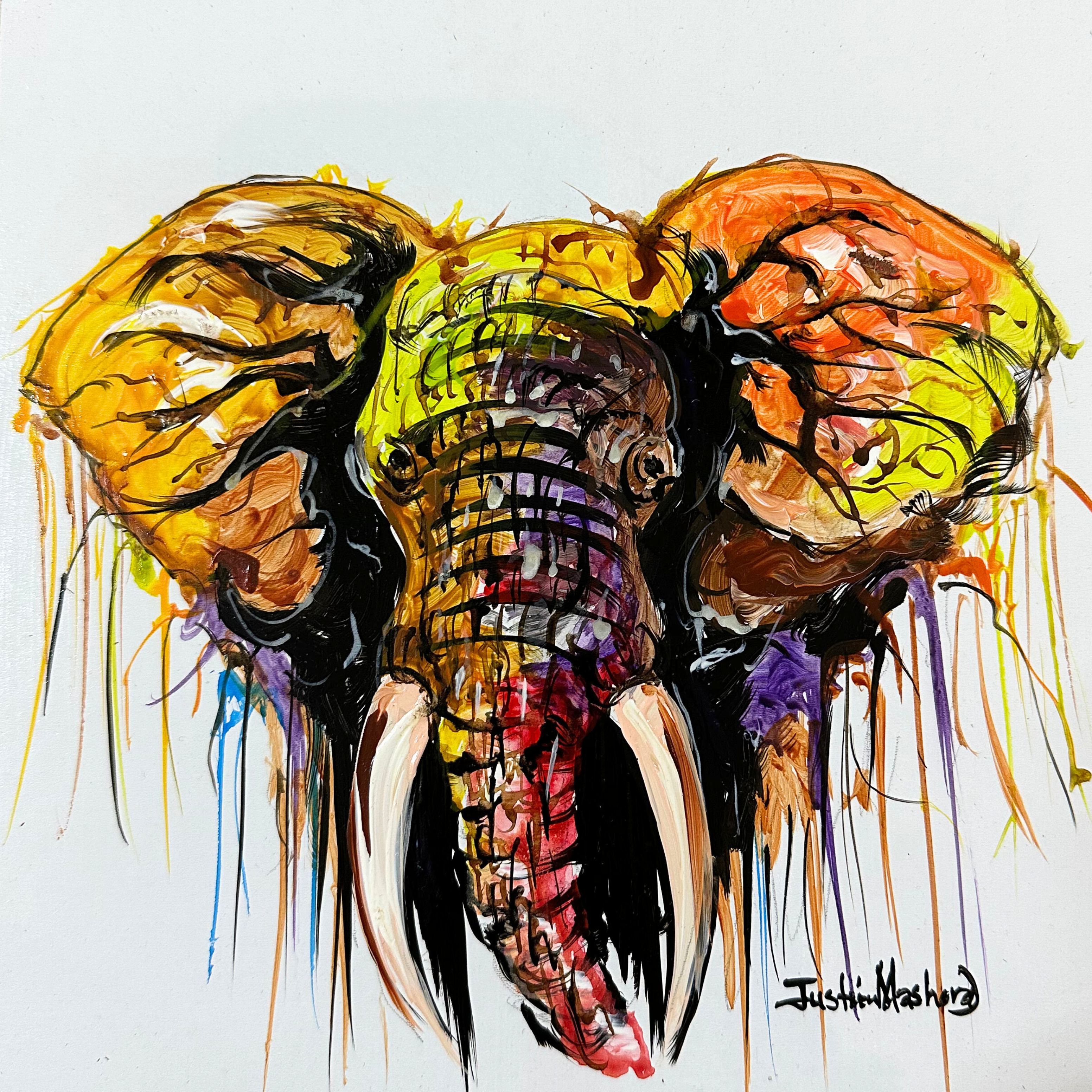 Justin Mashora Masonite Painting - Elephant (25cm x 25cm)