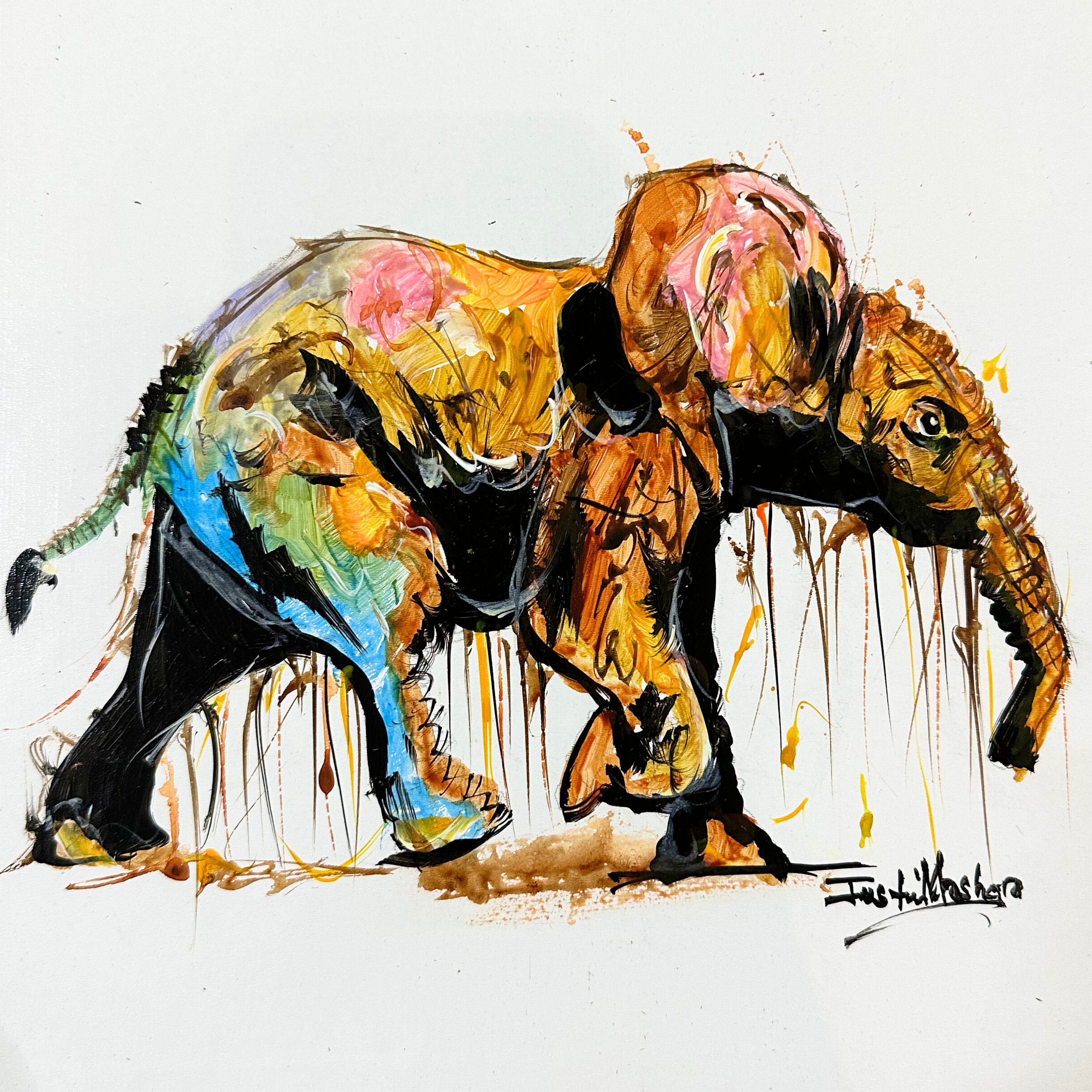 Justin Mashora Masonite Painting - Elephant (25cm x 25cm)