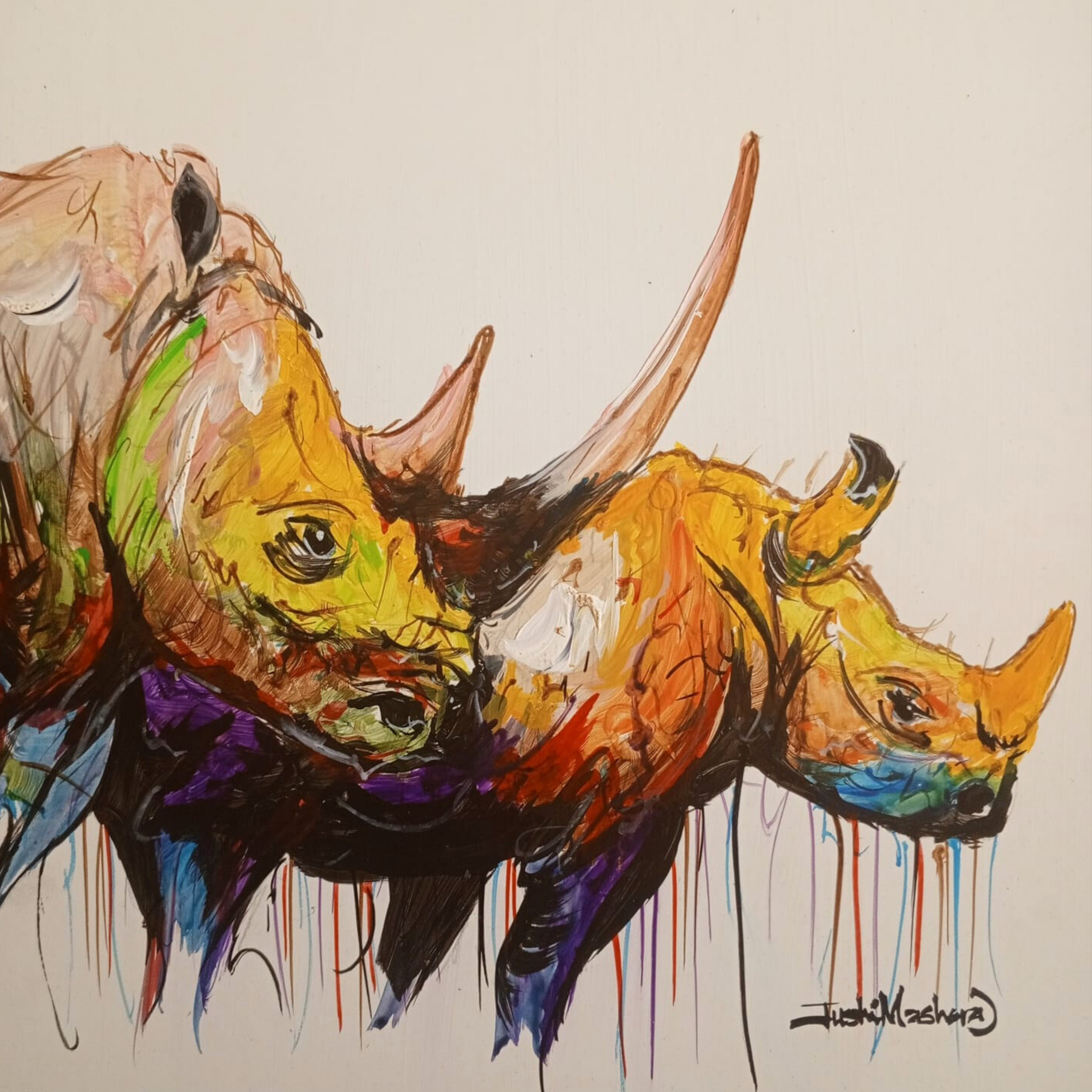 Justin Mashora Masonite Painting - Rhino (25cm x 25cm)