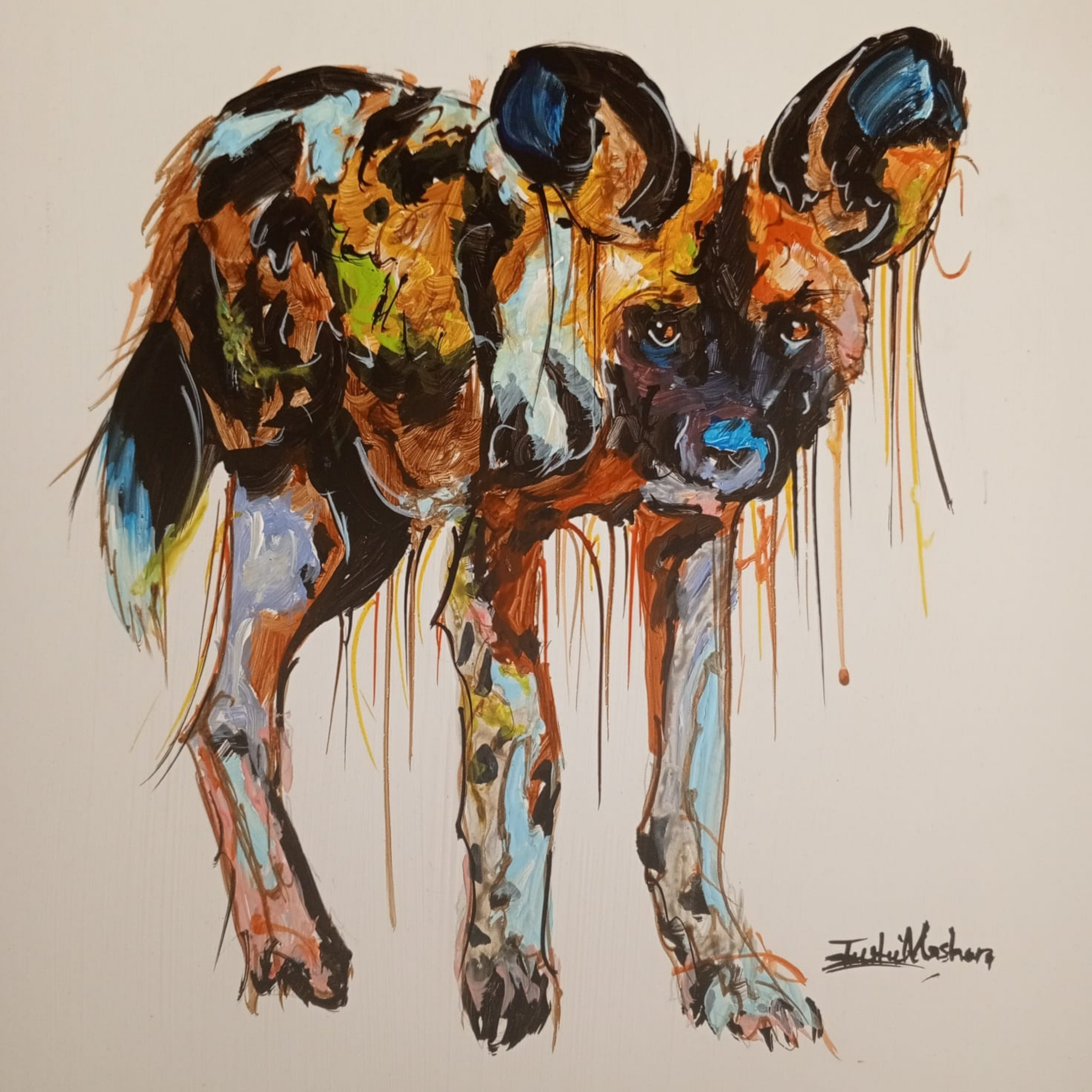 Justin Mashora Masonite Painting - Wild Dog (25cm x 25cm)