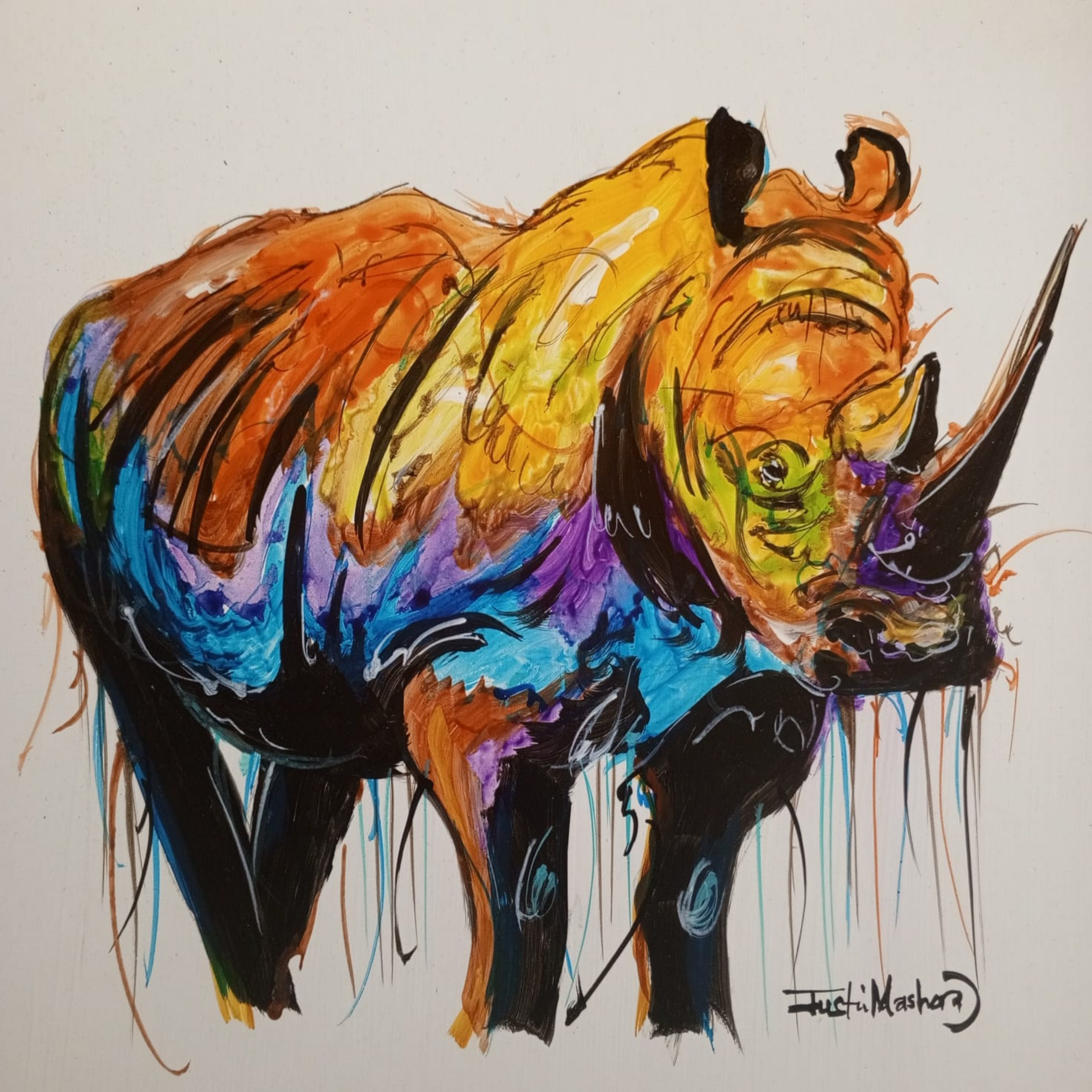 Justin Mashora Masonite Painting - Rhino (25cm x 25cm)