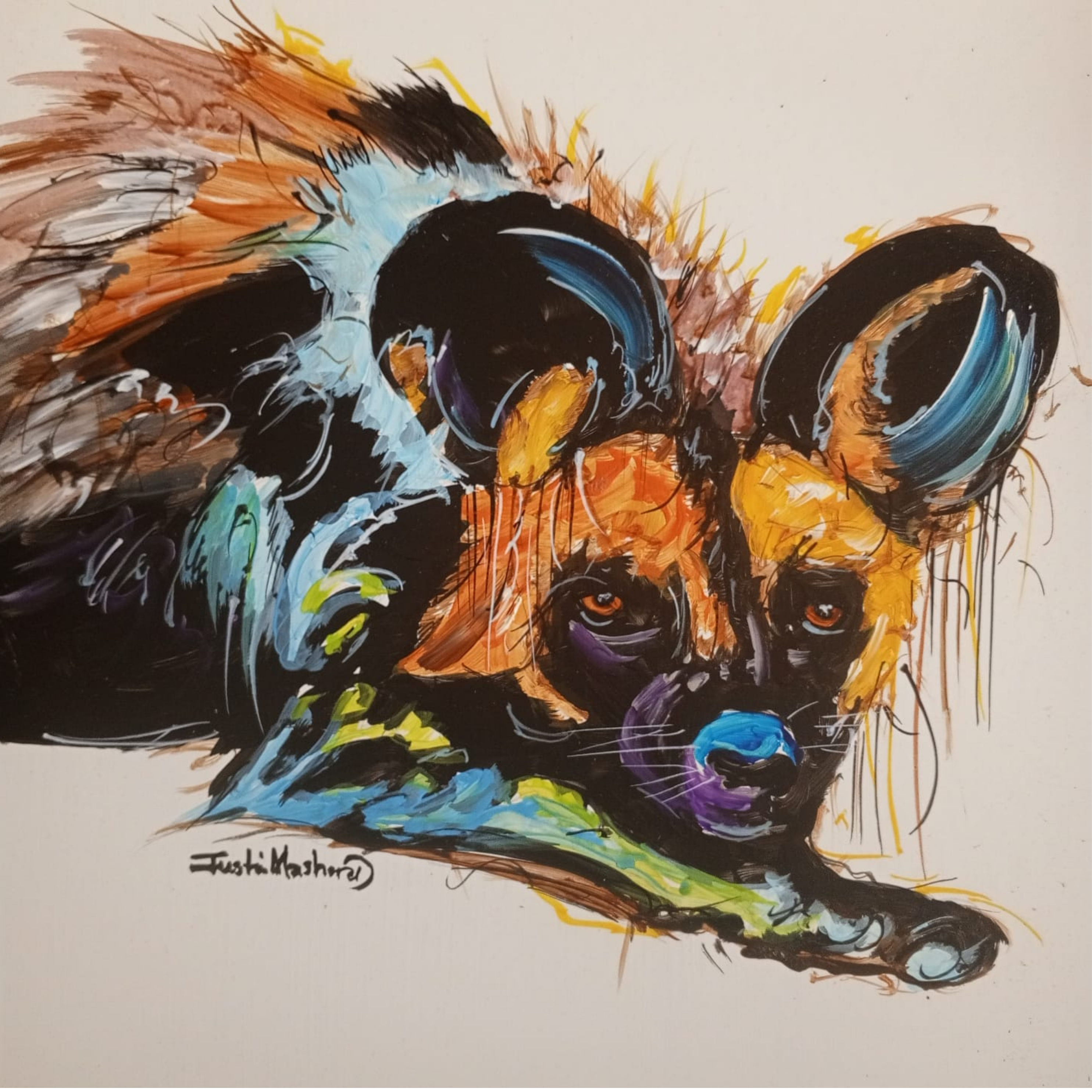 Justin Mashora Masonite Painting - Wild Dog (25cm x 25cm)