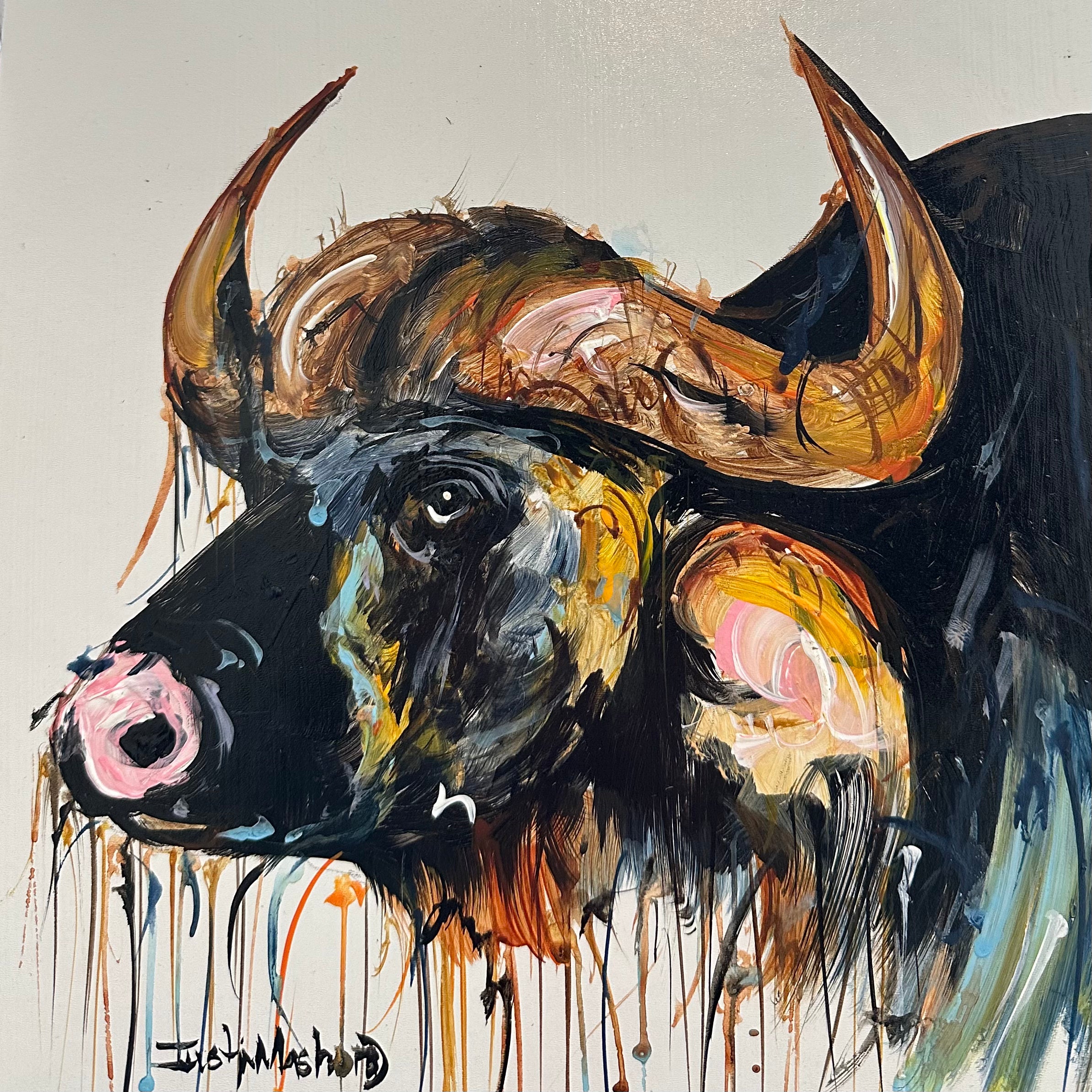 Justin Mashora Masonite Painting - Buffalo (25cm x 25cm)